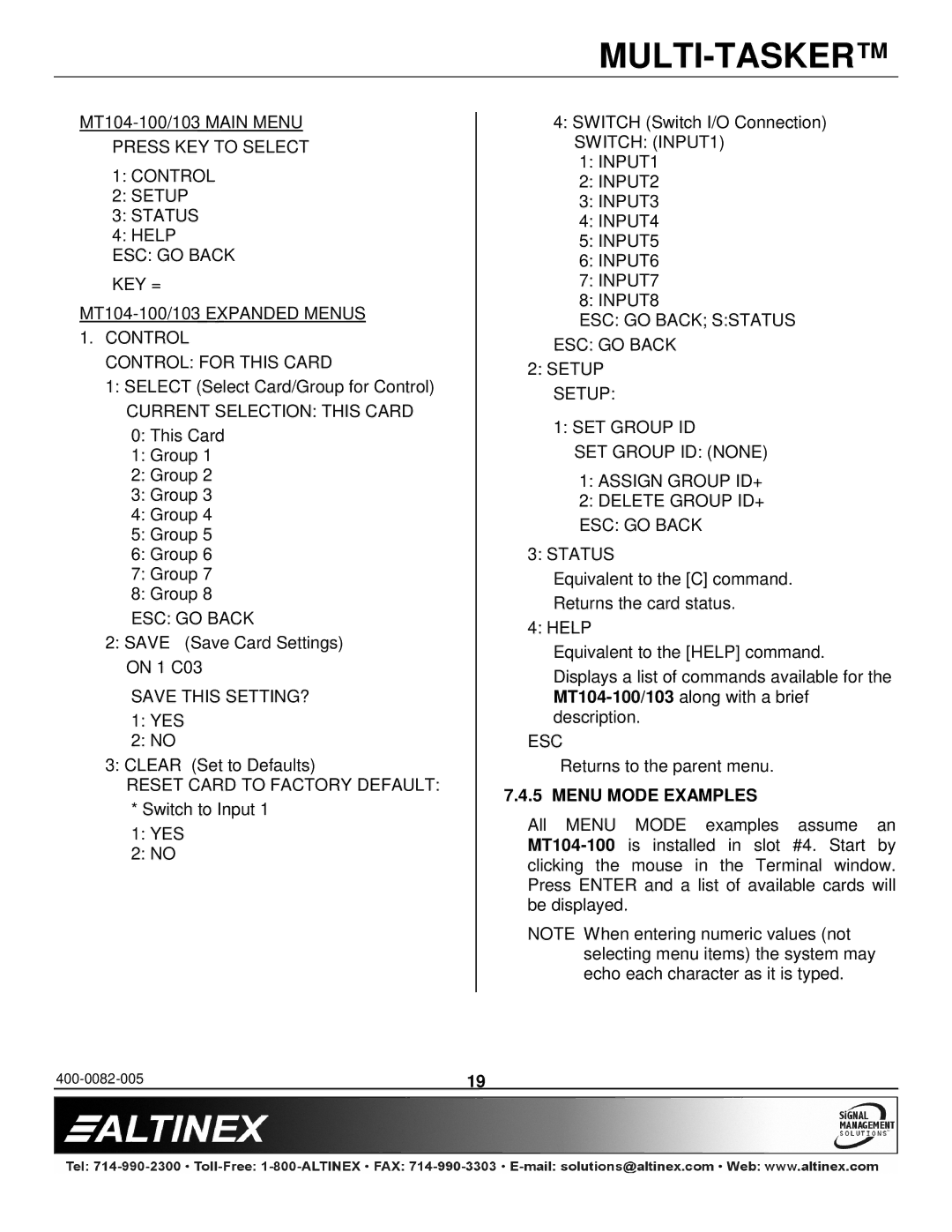 Altinex MT104-100/103 manual Current Selection this Card, Save this SETTING?, Esc, Menu Mode Examples 