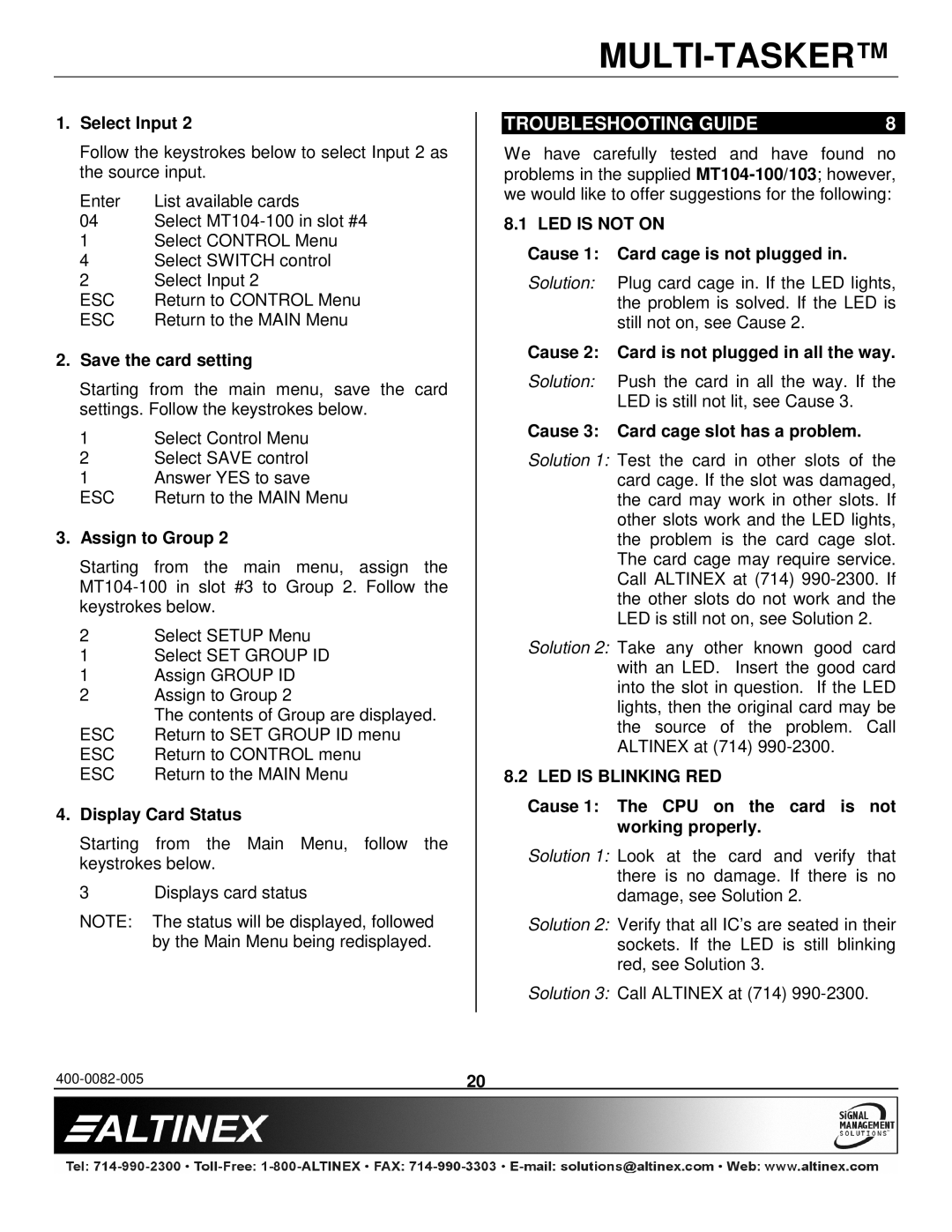 Altinex MT104-100/103 manual Troubleshooting Guide, LED is not on, LED is Blinking RED 