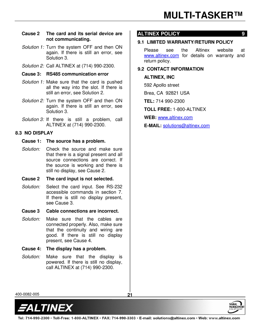 Altinex MT104-100/103 manual Altinex Policy, No Display, Limited WARRANTY/RETURN Policy 