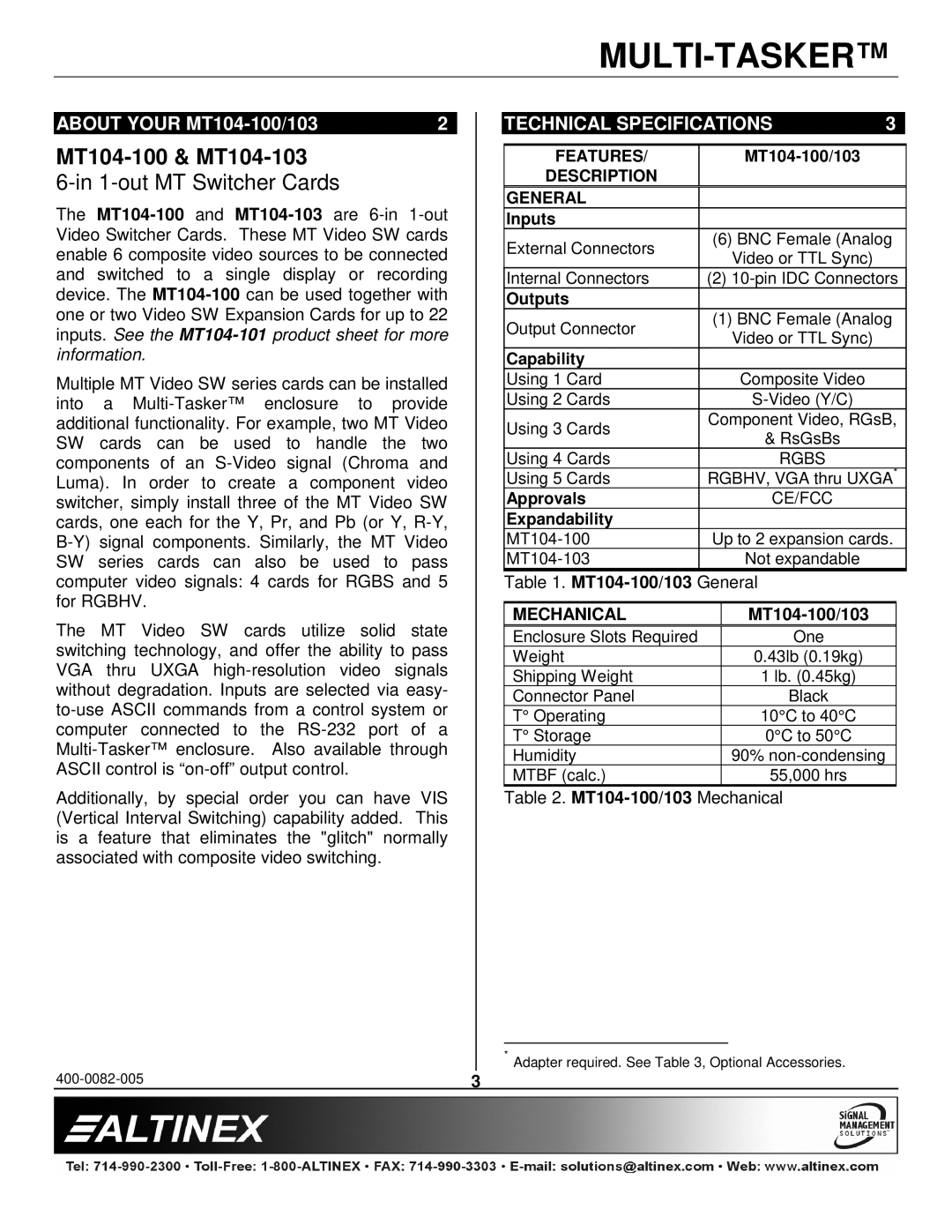 Altinex MT104-100/103 manual Technical Specifications, Mechanical 