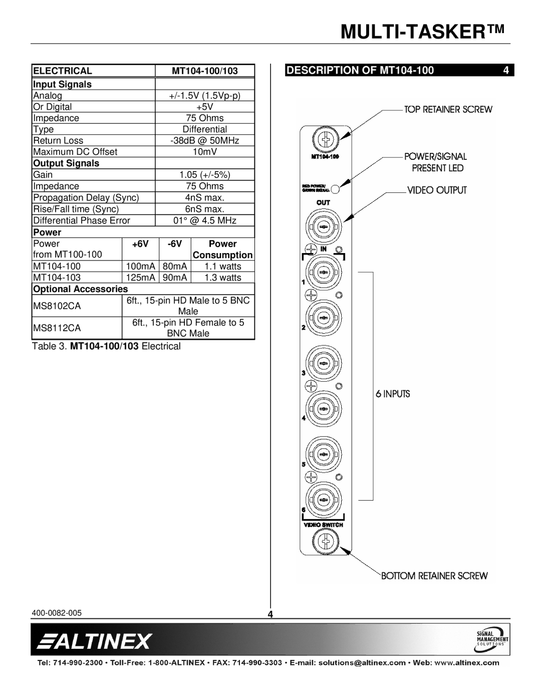 Altinex MT104-100/103 manual Description of MT104-100, Electrical 