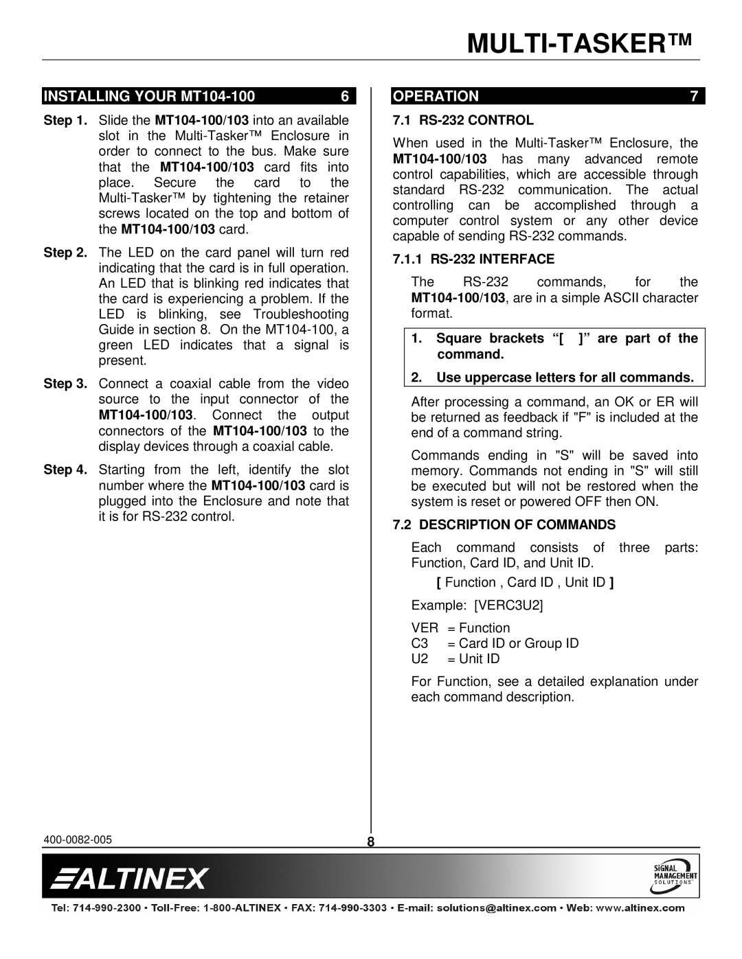 Altinex MT104-100/103 Installing Your MT104-100, Operation, RS-232 Control, 1 RS-232 Interface, Description of Commands 