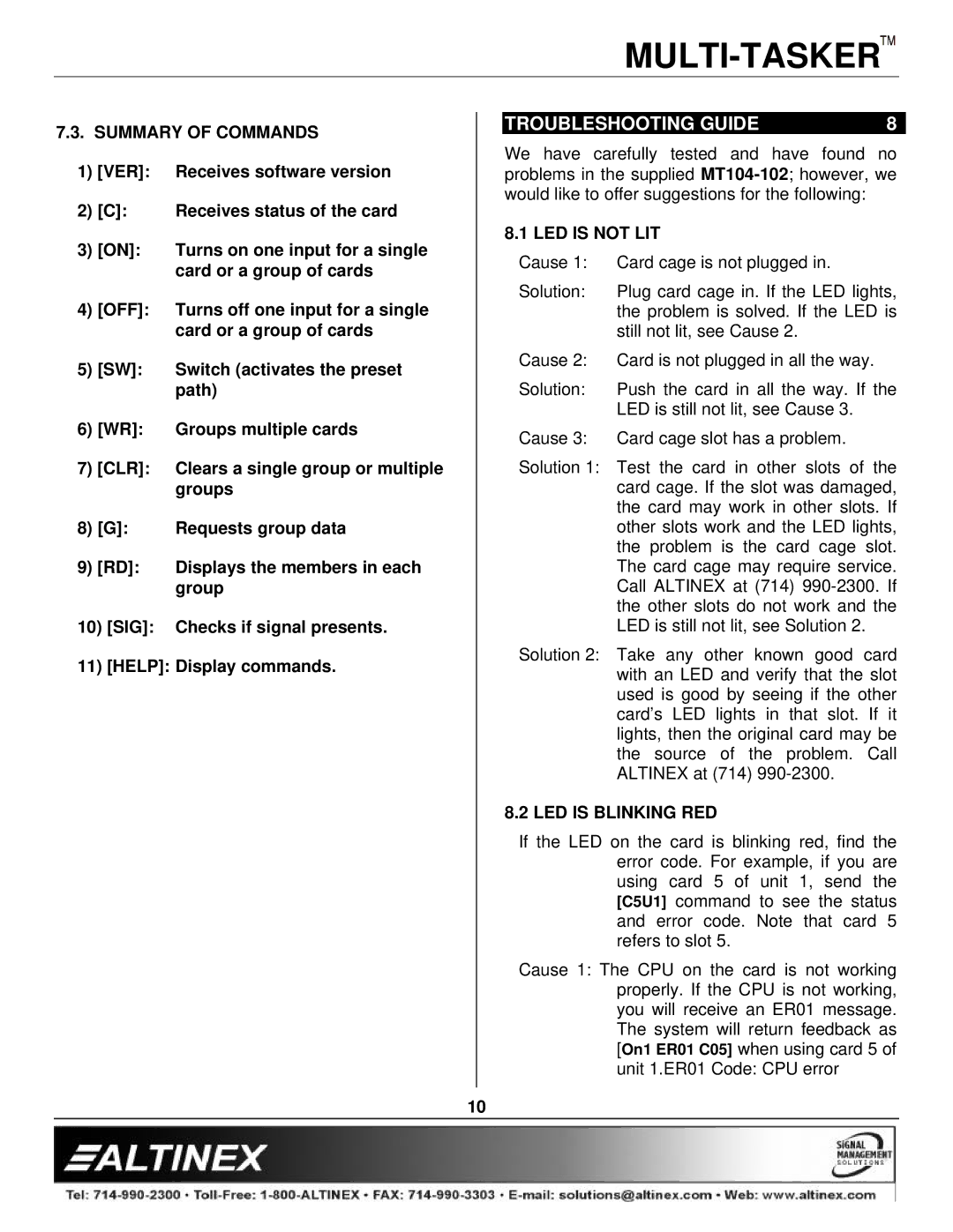 Altinex MT104-102 manual Troubleshooting Guide, Summary of Commands, LED is not LIT, LED is Blinking RED 