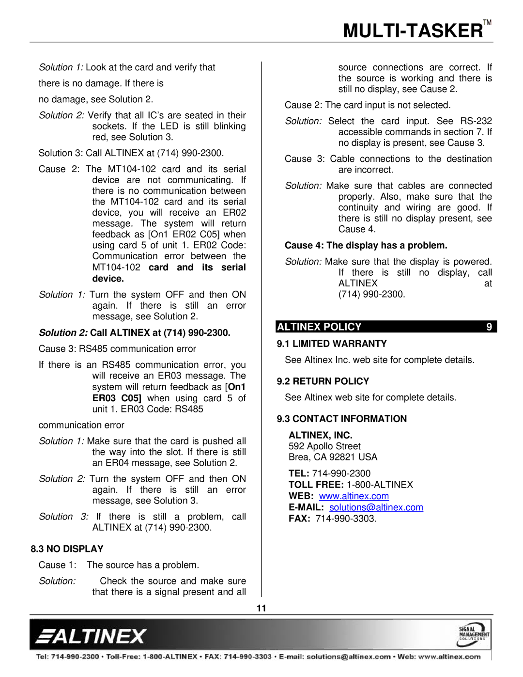 Altinex MT104-102 manual Altinex Policy, No Display, Limited Warranty, Return Policy, Contact Information ALTINEX, INC 