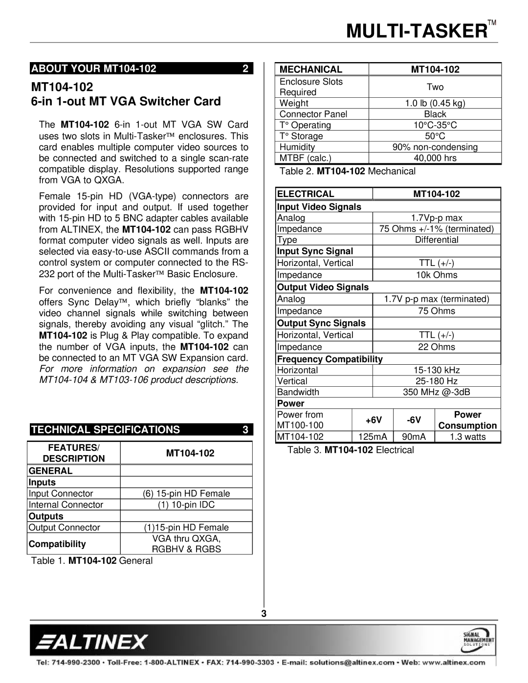 Altinex manual About Your MT104-102, Technical Specifications, Mechanical 