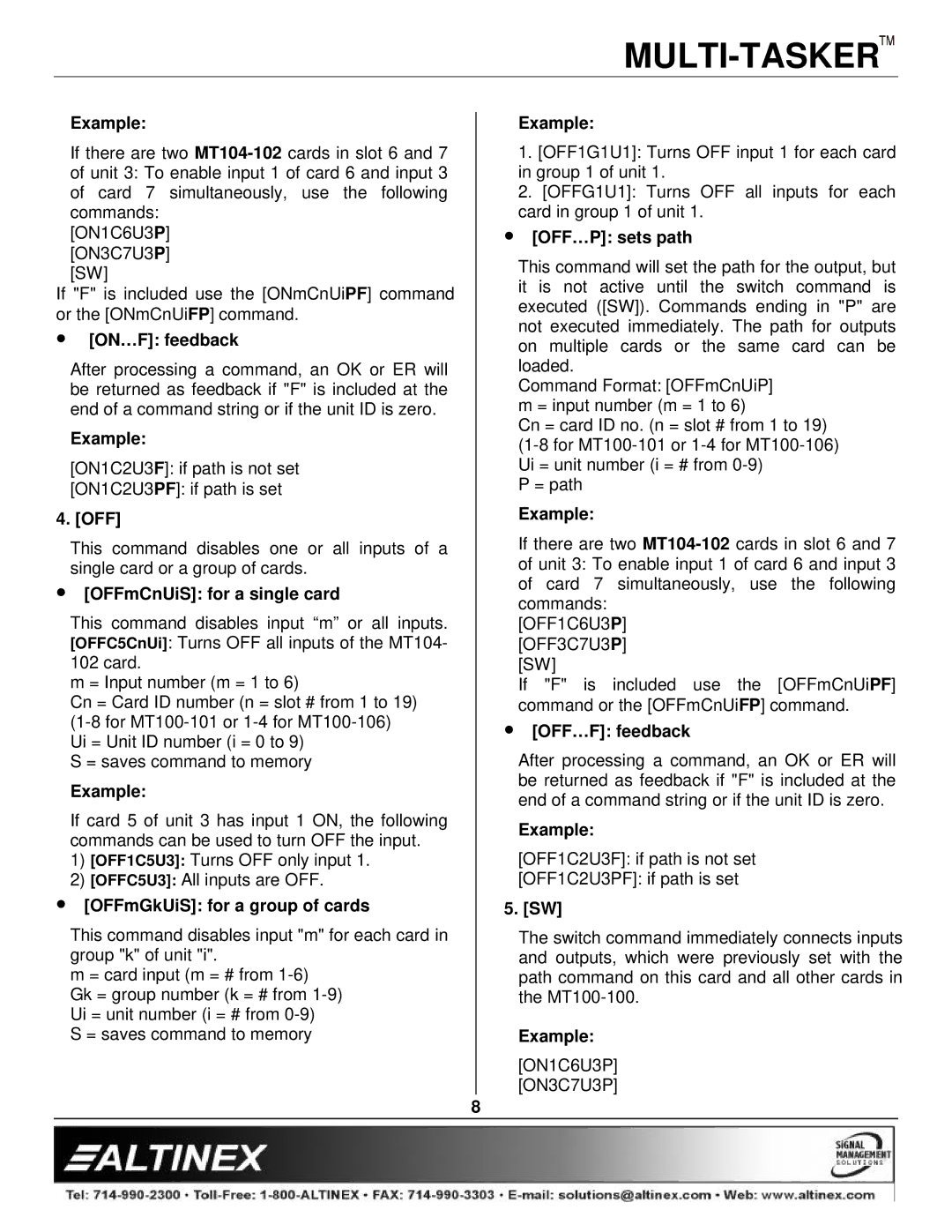 Altinex MT104-102 ∙ ON…F feedback, Off, ∙ OFFmCnUiS for a single card, ∙ OFFmGkUiS for a group of cards, ∙ OFF…P sets path 