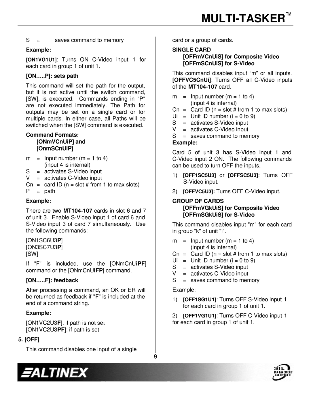 Altinex MT104-107 manual ON…..P sets path, Command Formats ONmVCnUiP and OnmSCnUiP, ON…..F feedback, Off 