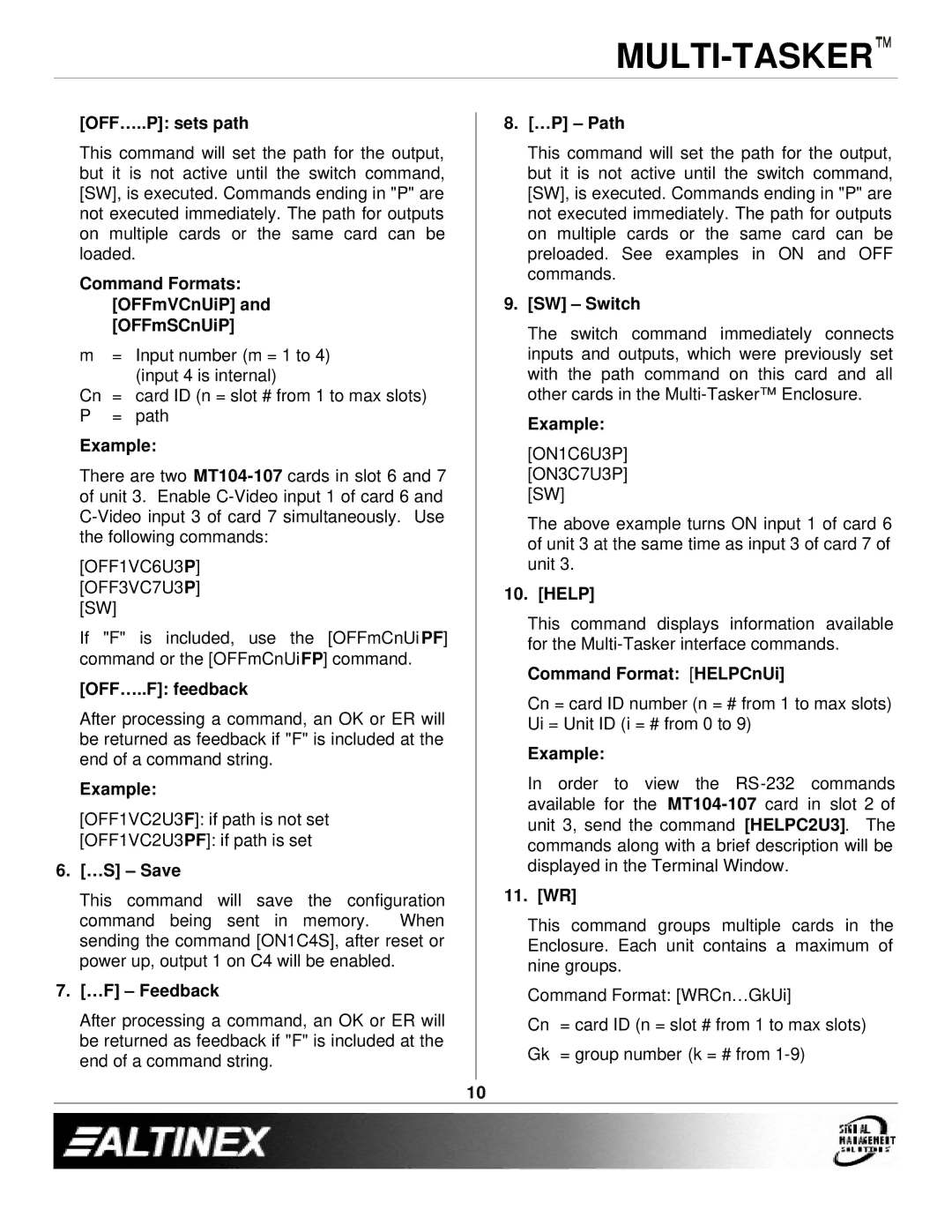 Altinex MT104-107 OFF…..P sets path, Command Formats OFFmVCnUiP and OFFmSCnUiP, OFF…..F feedback, …S Save, …F Feedback 