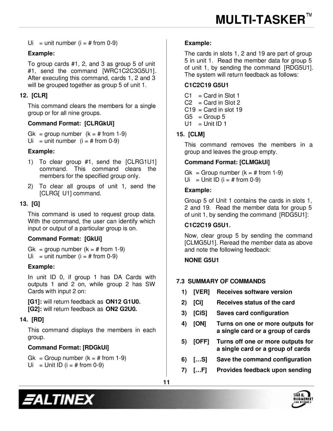 Altinex MT104-107 manual None G5U1 Summary of Commands VER, Off 