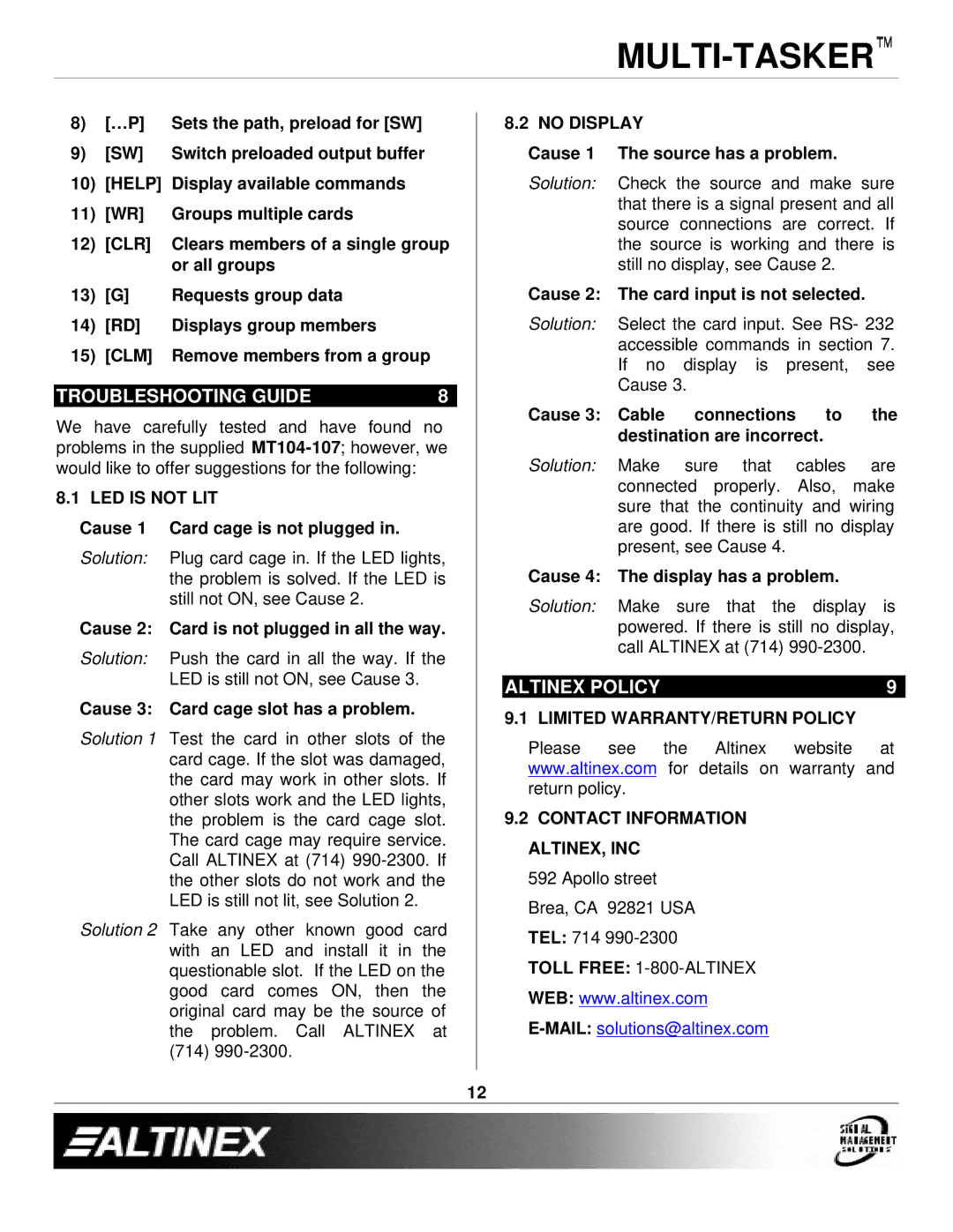 Altinex MT104-107 manual Troubleshooting Guide, Altinex Policy 