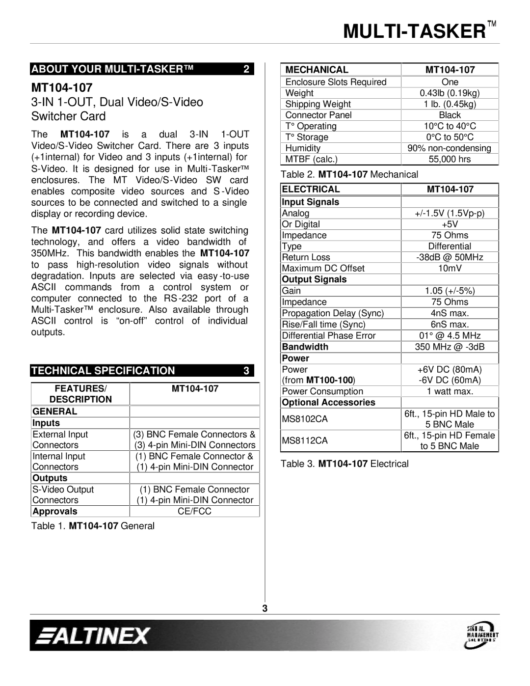 Altinex MT104-107 manual About Your MULTI-TASKER, Technical Specification, Mechanical 