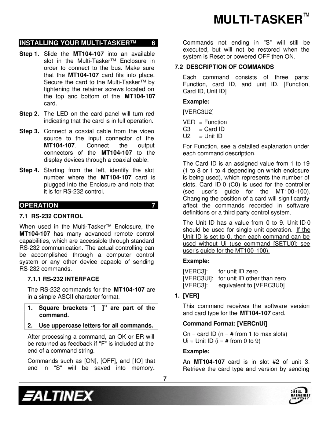 Altinex MT104-107 manual Installing Your MULTI-TASKER, Operation, Description of Commands 