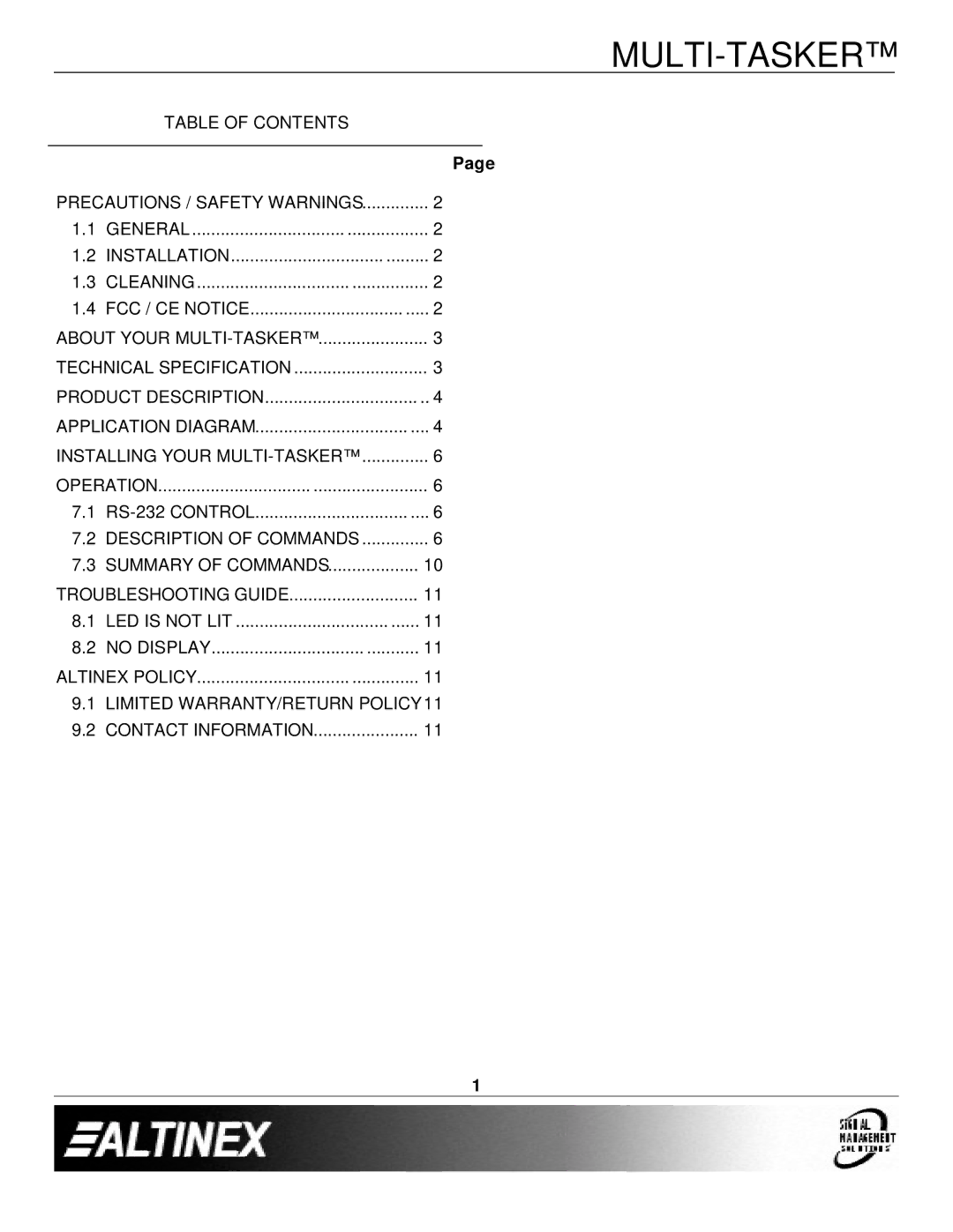 Altinex MT104-108 manual Table of Contents Precautions / Safety Warnings 