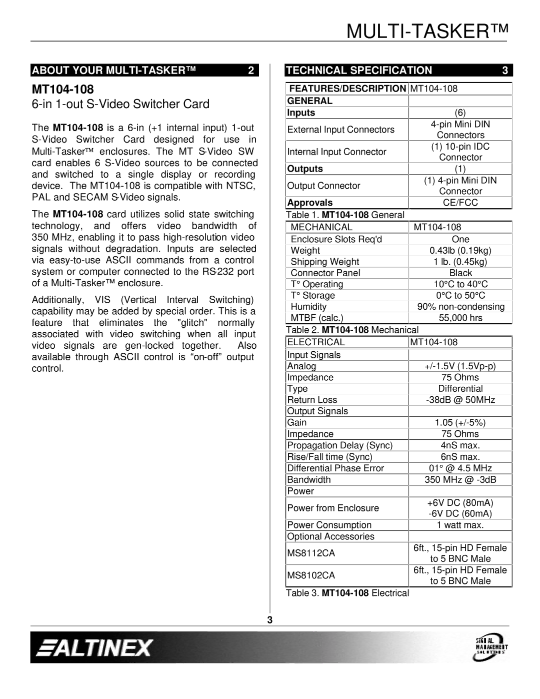 Altinex MT104-108 manual About Your MULTI-TASKER Technical Specification 