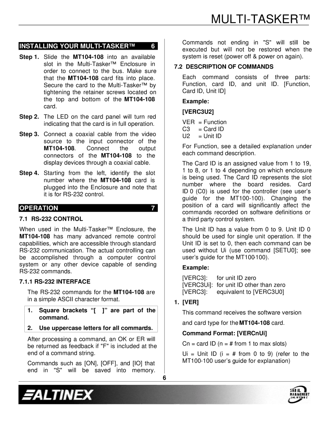 Altinex MT104-108 manual Installing Your MULTI-TASKER, Operation, Description of Commands, VERC3U2 