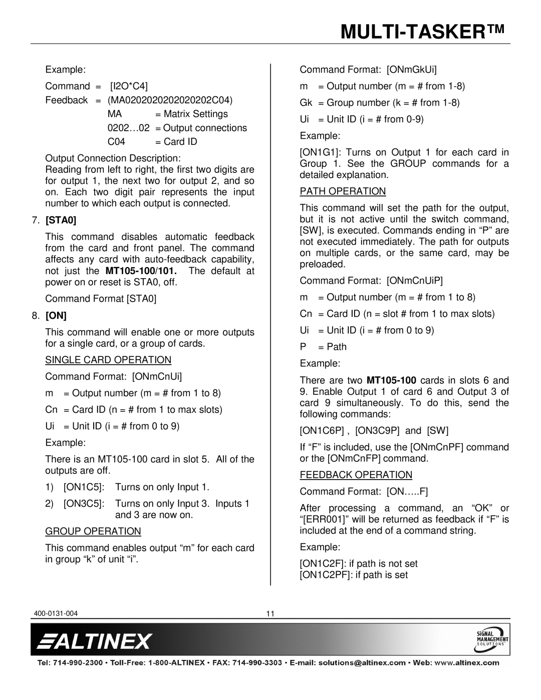 Altinex MT105-100, MT105-101 manual STA0, Single Card Operation, Group Operation, Path Operation, Feedback Operation 