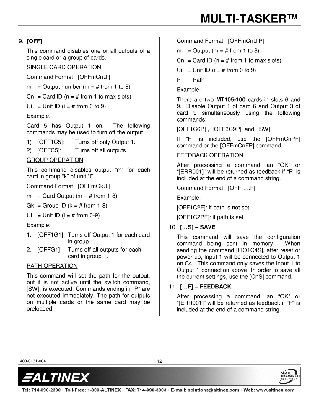 Altinex MT105-101, MT105-100 manual Off, 10. …S Save, 11. …F Feedback 