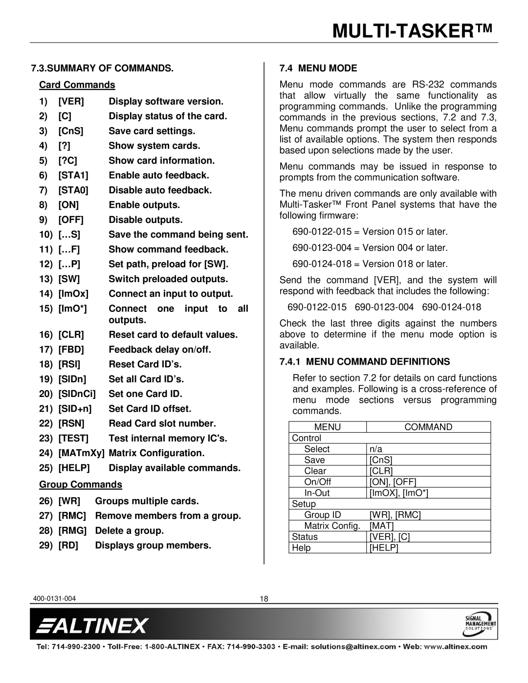 Altinex MT105-101 manual Summary of Commands, Ver, Off, Clr, Fbd, Rsi, Rsn, Test, Help, Menu Mode, Menu Command Definitions 