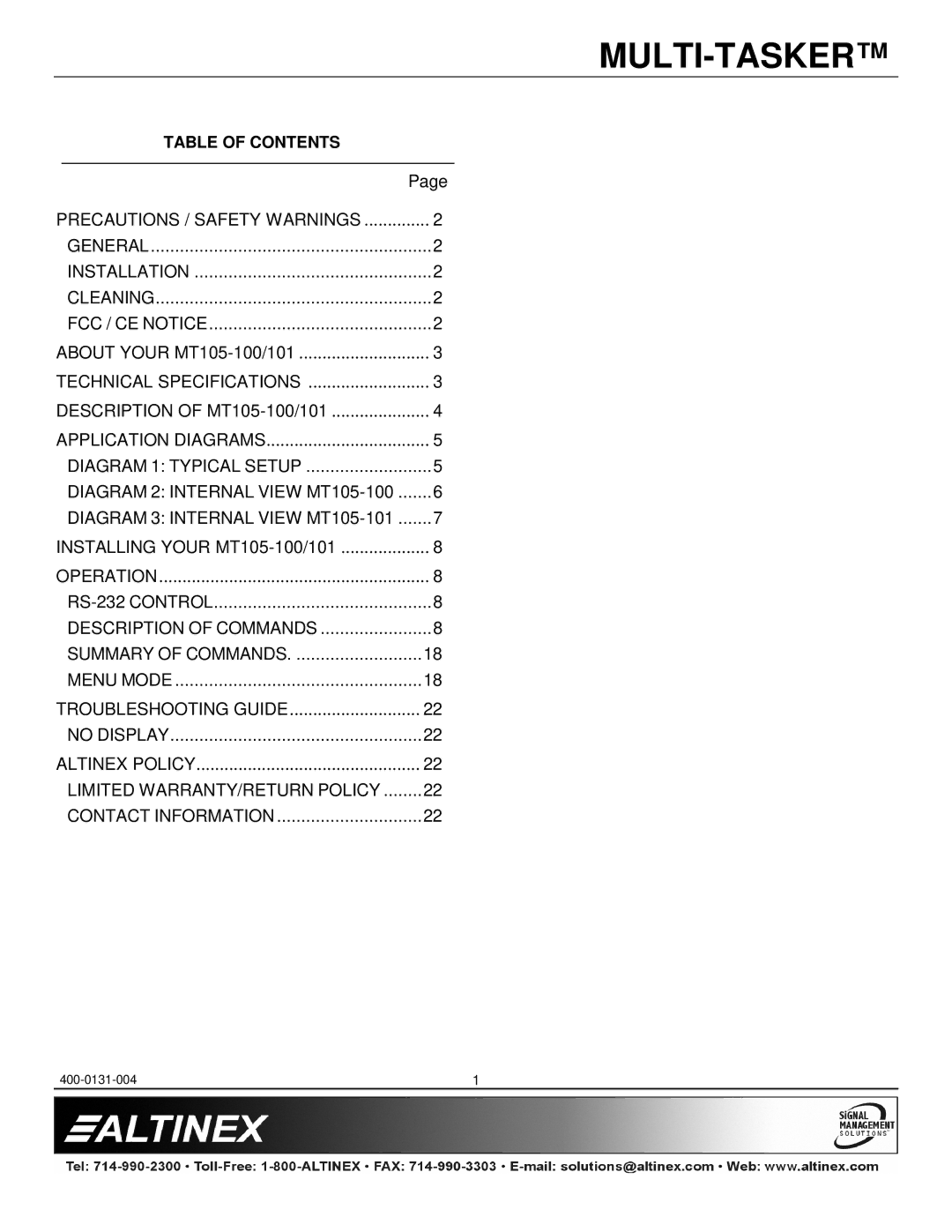 Altinex MT105-100, MT105-101 manual Troubleshooting Guide 