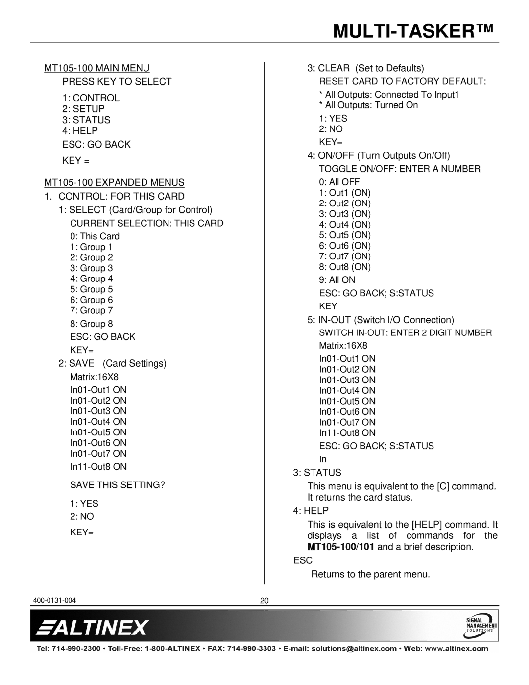 Altinex MT105-101, MT105-100 manual Select Card/Group for Control, Esc 