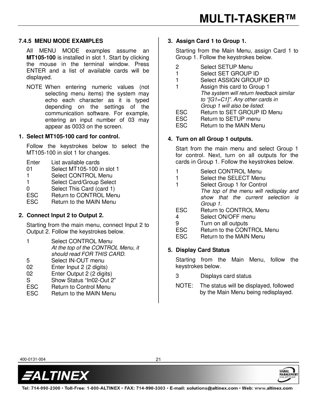 Altinex MT105-100, MT105-101 manual Menu Mode Examples 