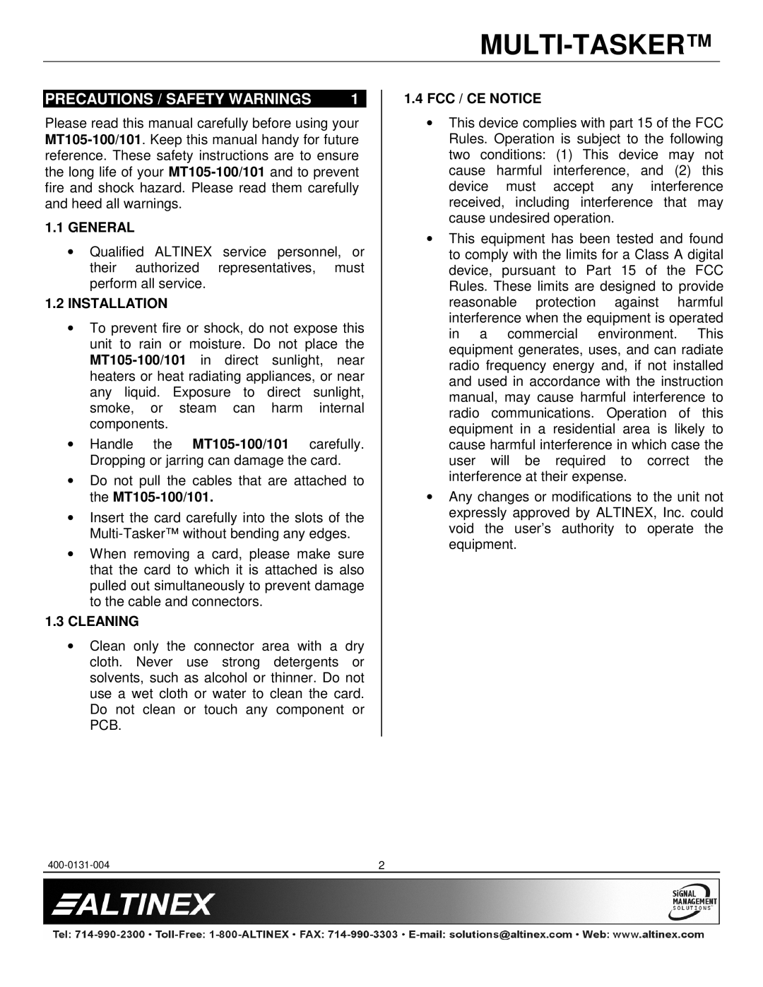 Altinex MT105-101, MT105-100 manual General, Installation, Cleaning, FCC / CE Notice 