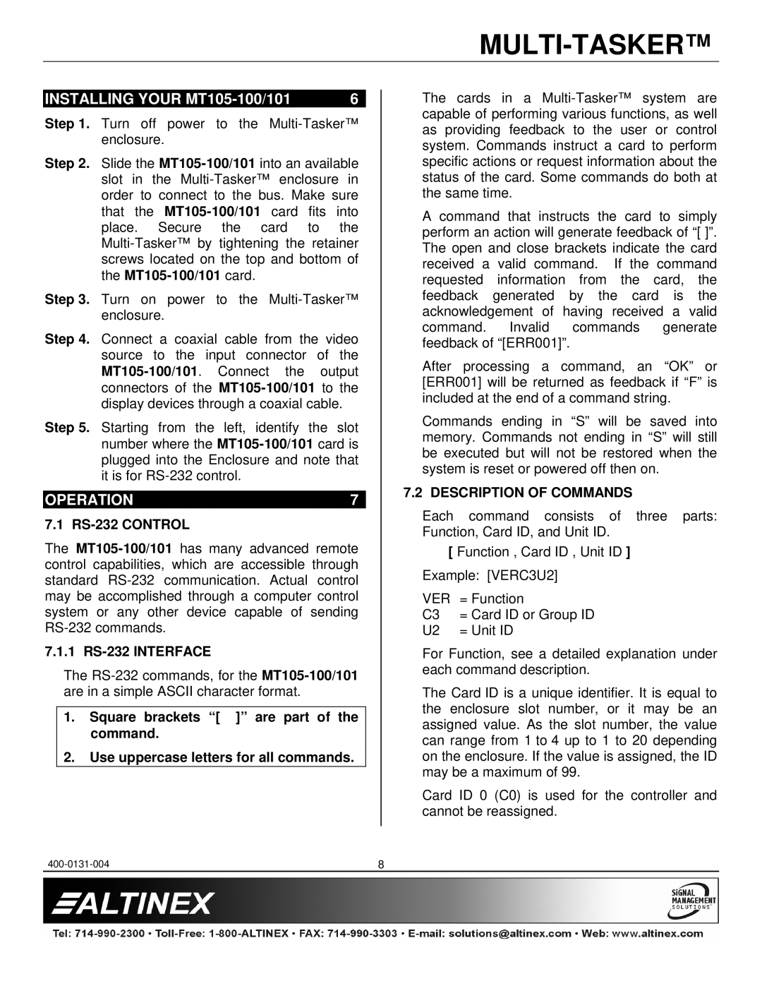 Altinex MT105-101, MT105-100 manual RS-232 Control, 1 RS-232 Interface, Description of Commands, Ver 