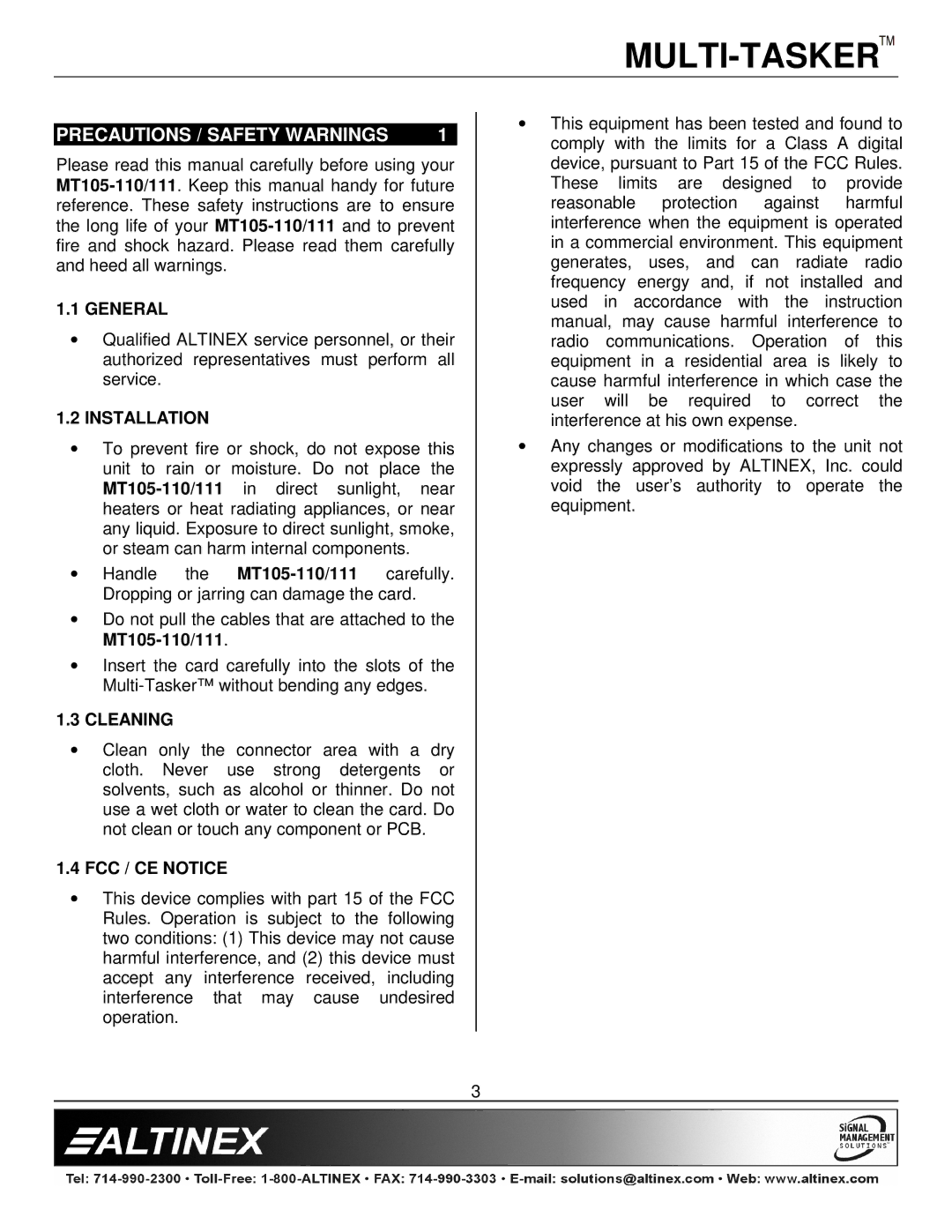 Altinex MT105-111, 400-0226-003, MT105-110 Precautions / Safety Warnings, General, Installation, Cleaning, FCC / CE Notice 