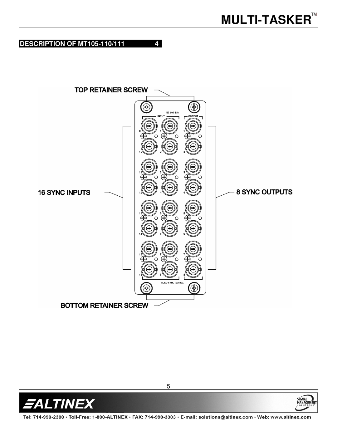 Altinex MT105-111, 400-0226-003 manual Description of MT105-110/111 