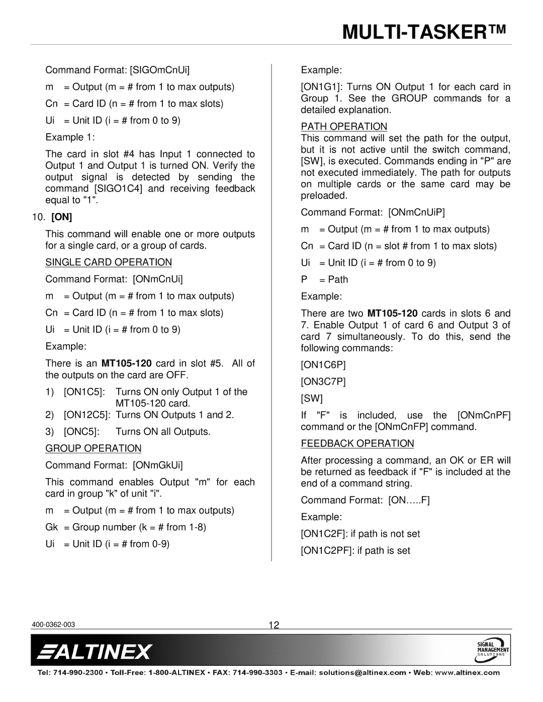 Altinex MT105-120/121 manual 10. on, Single Card Operation, Path Operation, Feedback Operation 