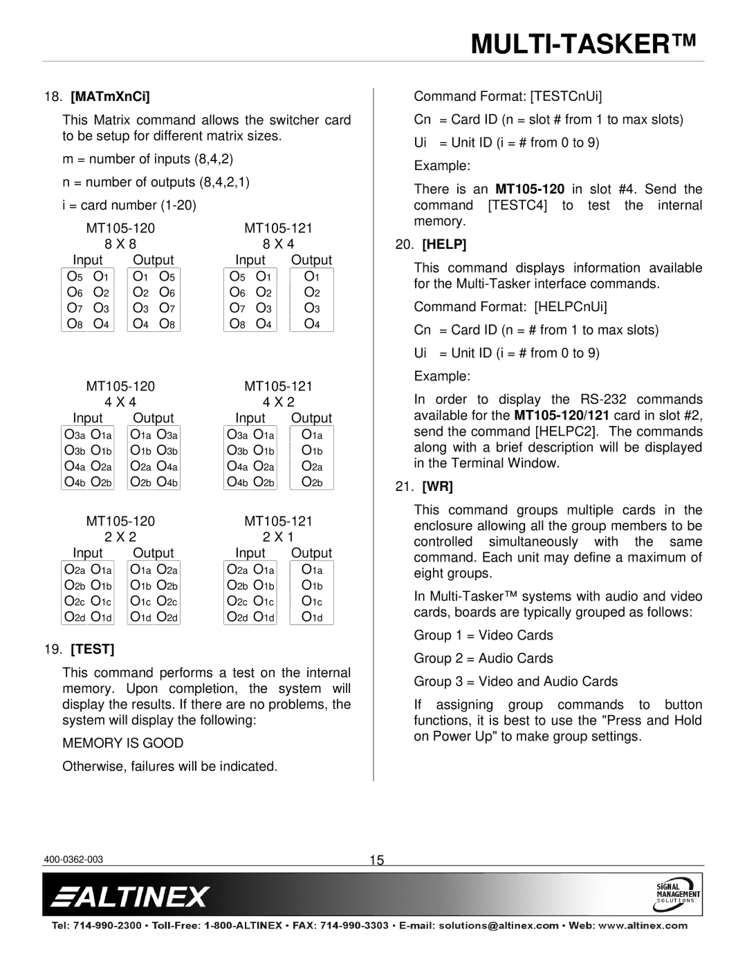 Altinex MT105-120/121 manual MATmXnCi, Test, Help, 21. WR, Memory is Good 