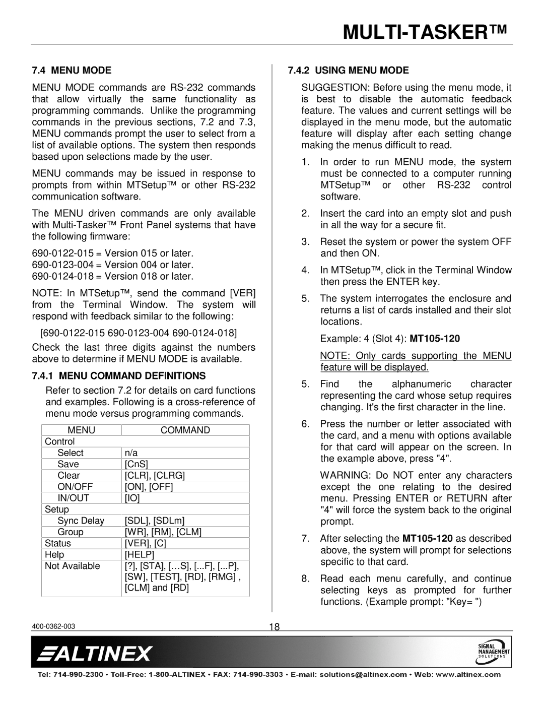 Altinex MT105-120/121 manual Menu Command Definitions, Using Menu Mode 