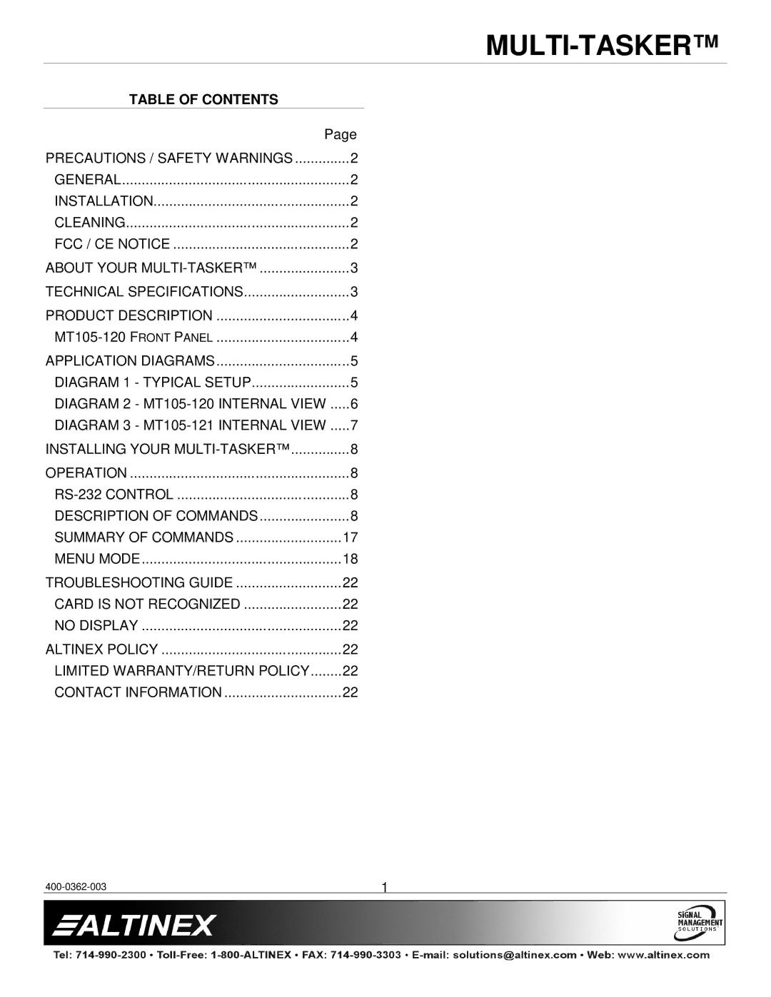 Altinex MT105-120/121 manual Table of Contents 