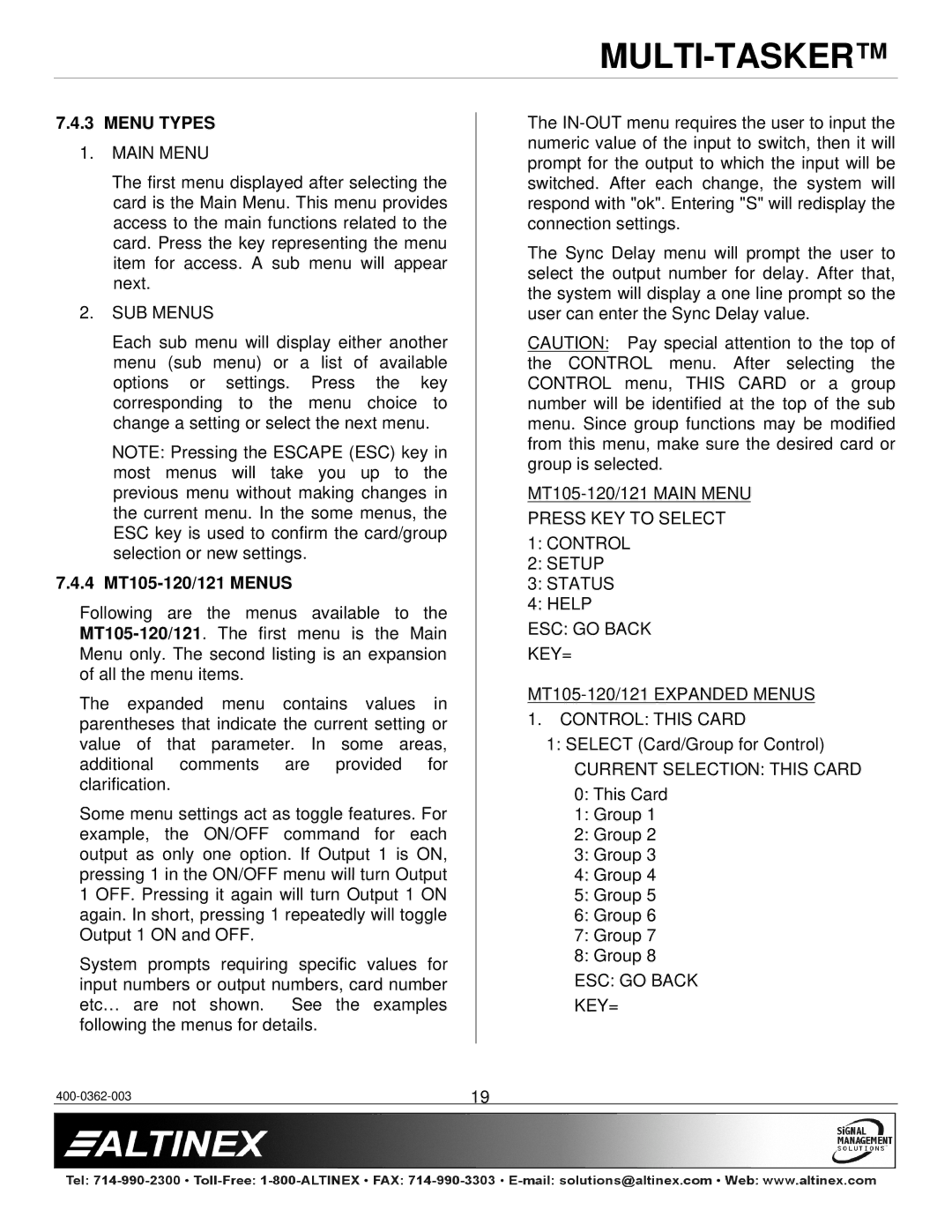 Altinex manual Menu Types, 4 MT105-120/121 Menus 