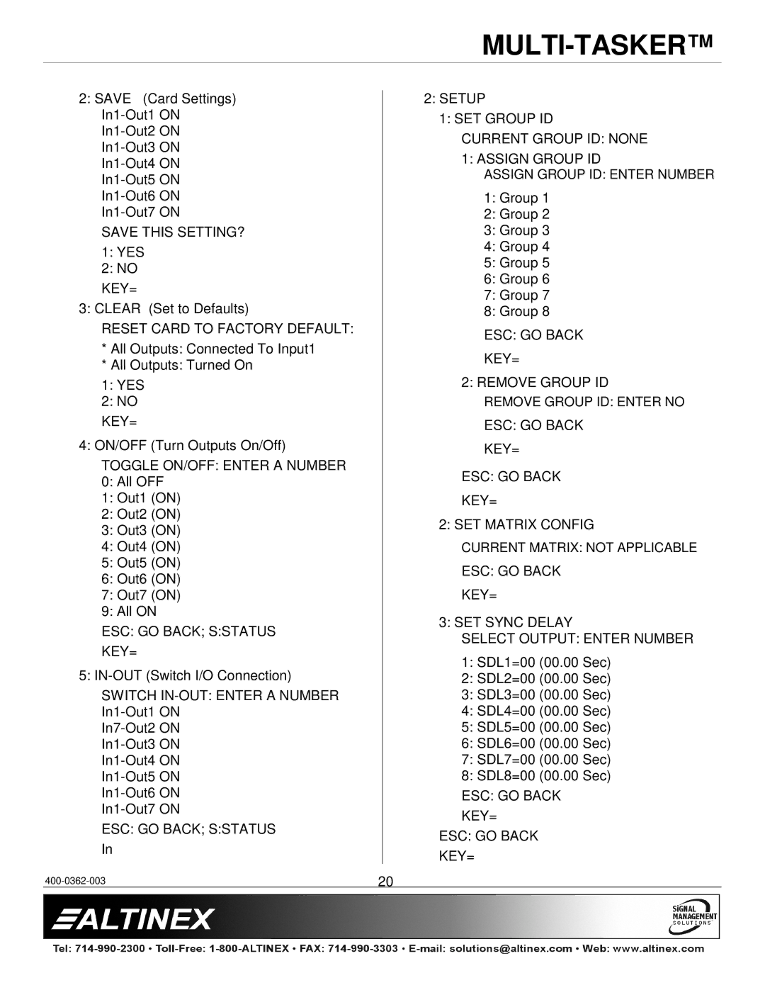 Altinex MT105-120/121 manual Save this SETTING?, Reset Card to Factory Default, Toggle ON/OFF Enter a Number 