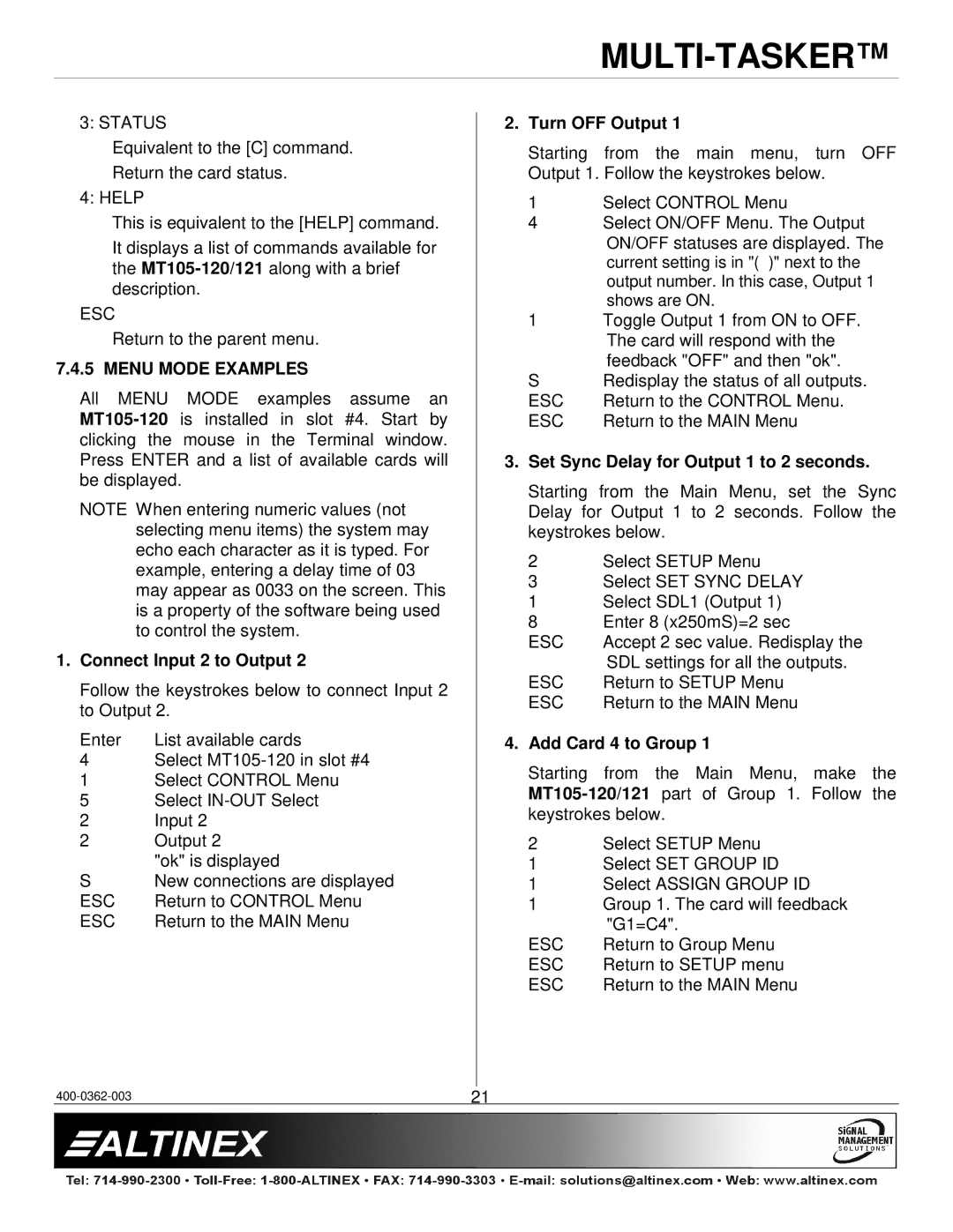 Altinex MT105-120/121 manual Menu Mode Examples, Connect Input 2 to Output, Turn OFF Output, Add Card 4 to Group 