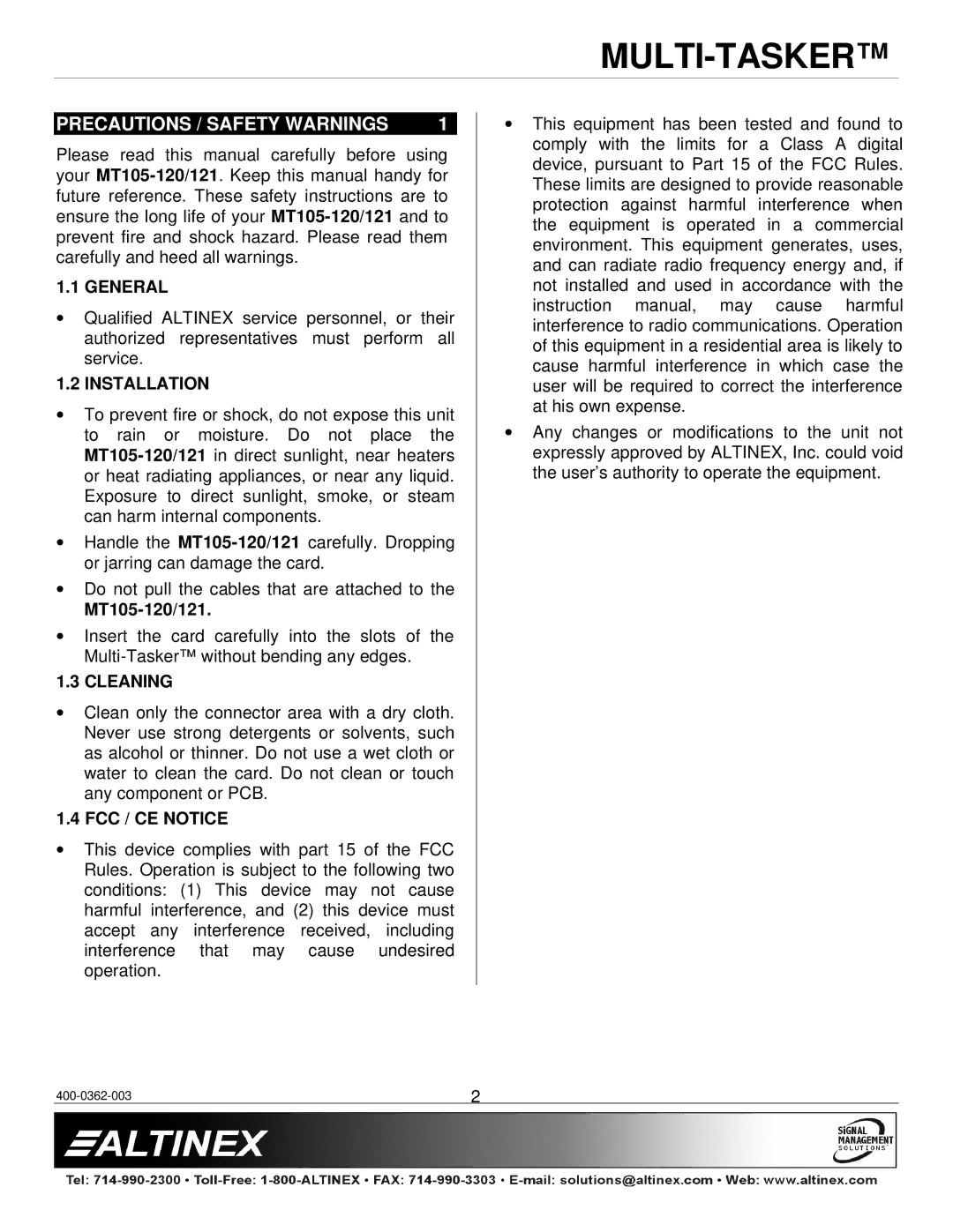 Altinex MT105-120/121 manual General, Installation, Cleaning, FCC / CE Notice 