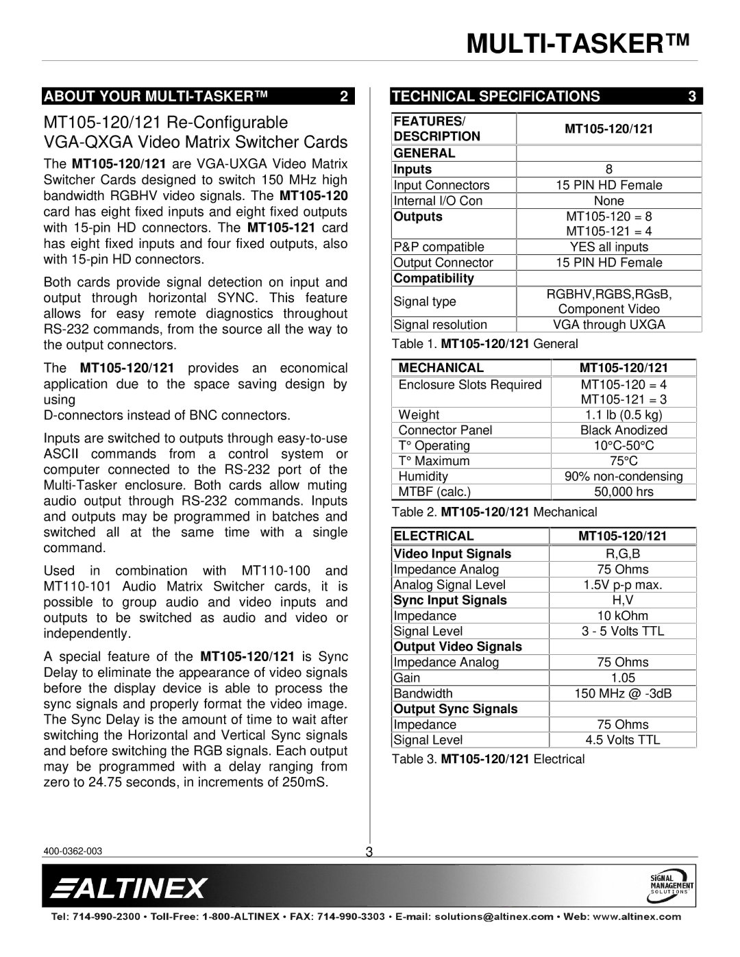 Altinex MT105-120/121 manual About Your MULTI-TASKER Technical Specifications 