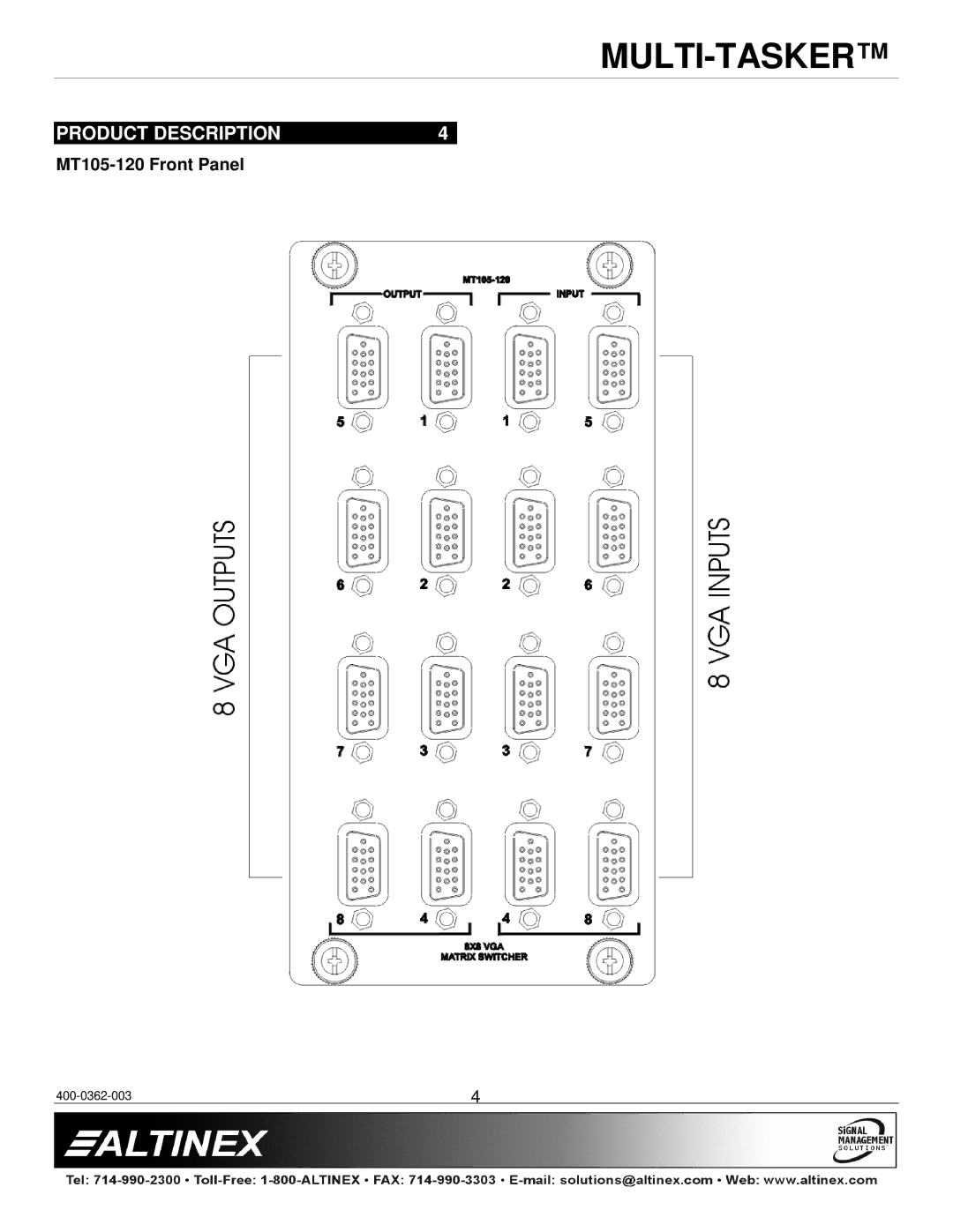 Altinex MT105-120/121 manual MT105-120 Front Panel 