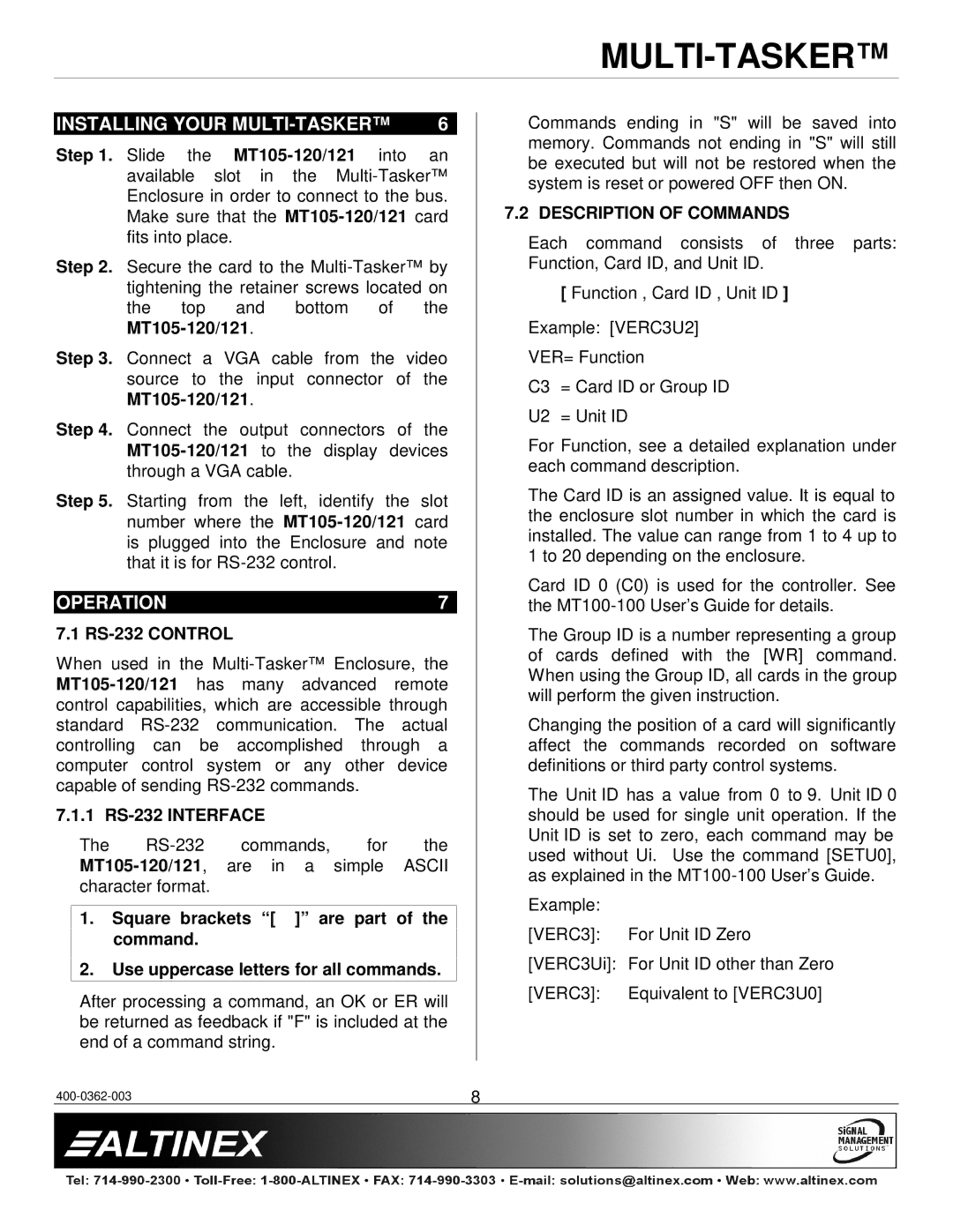 Altinex MT105-120/121 manual RS-232 Control, 1 RS-232 Interface, Description of Commands 