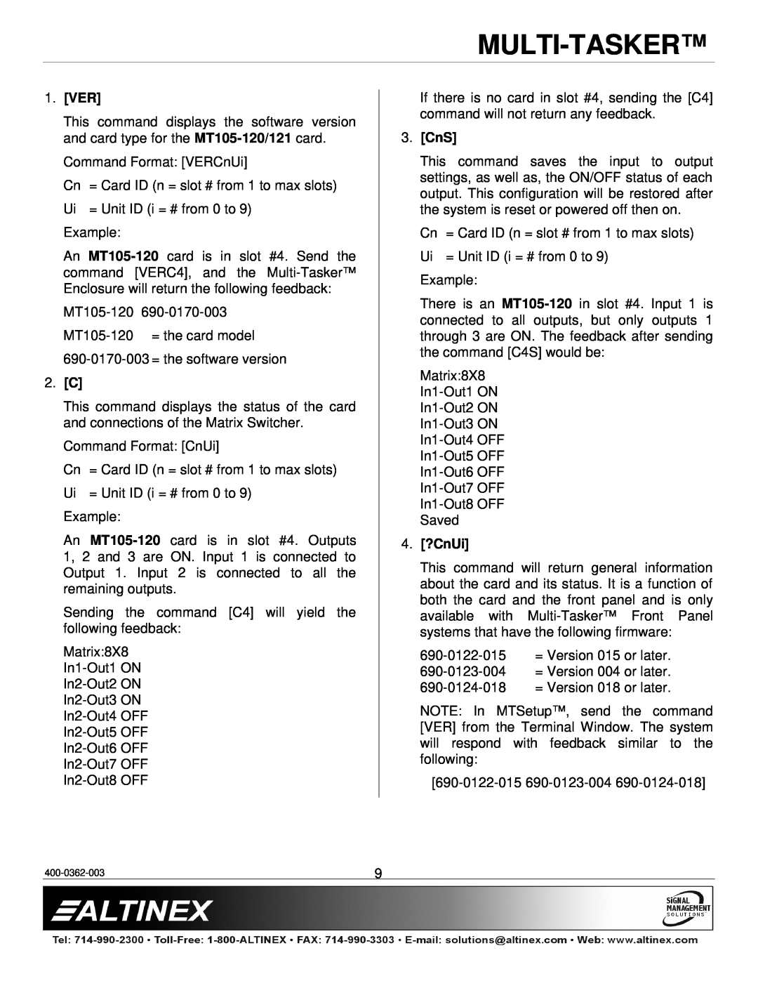 Altinex MT105-120/121 manual Ver, 2. C, CnS, 4. ?CnUi, Multi-Tasker 