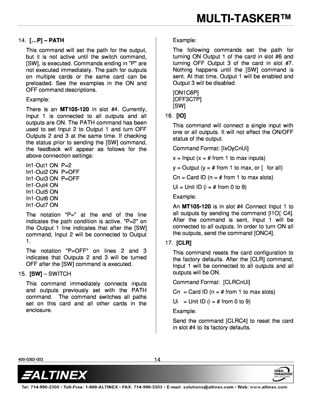 Altinex MT105-120/121 manual 14. …P - PATH, 16. IO, Clr, Multi-Tasker 