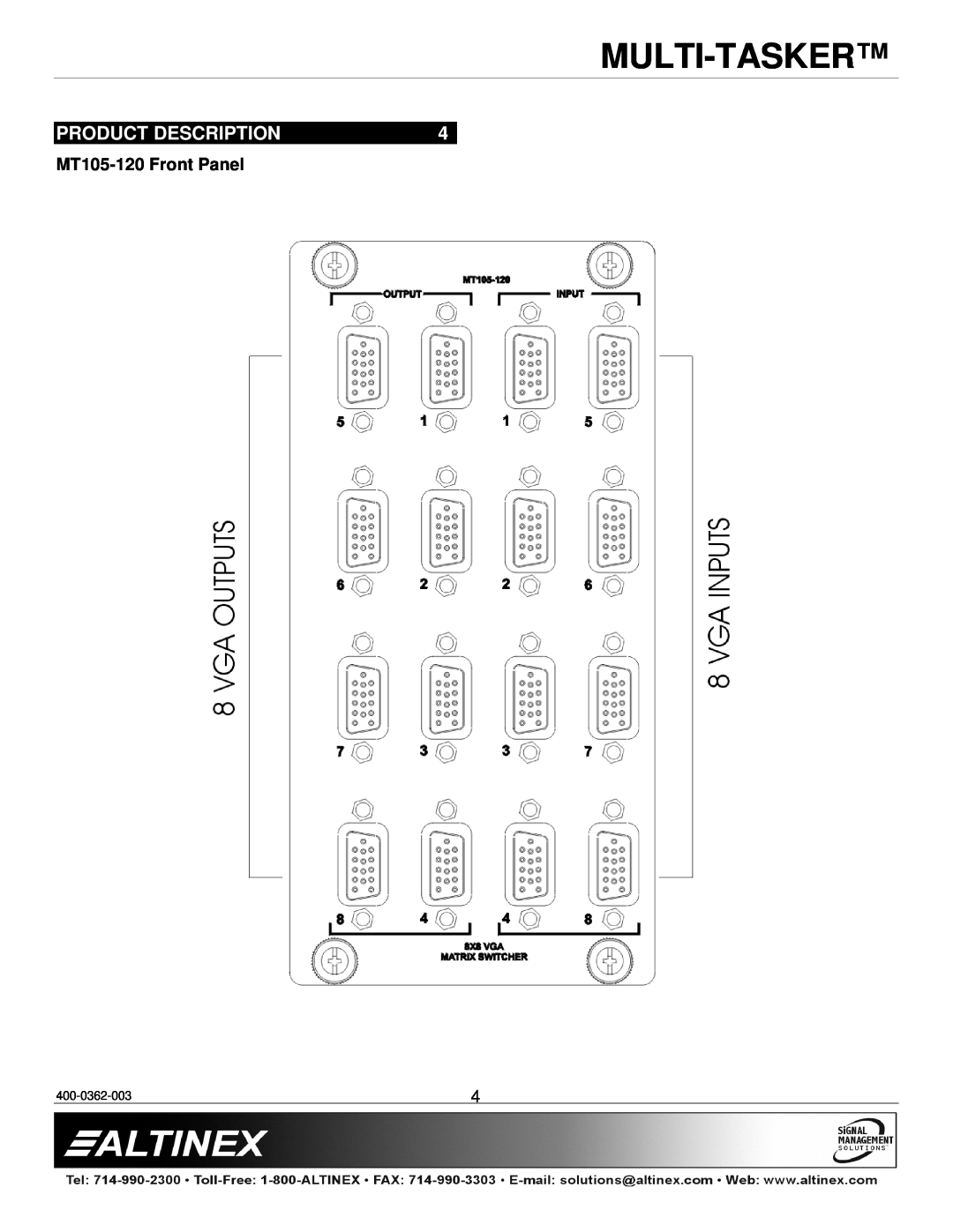 Altinex MT105-120/121 manual Product Description, MT105-120 Front Panel, Multi-Tasker, 400-0362-003 