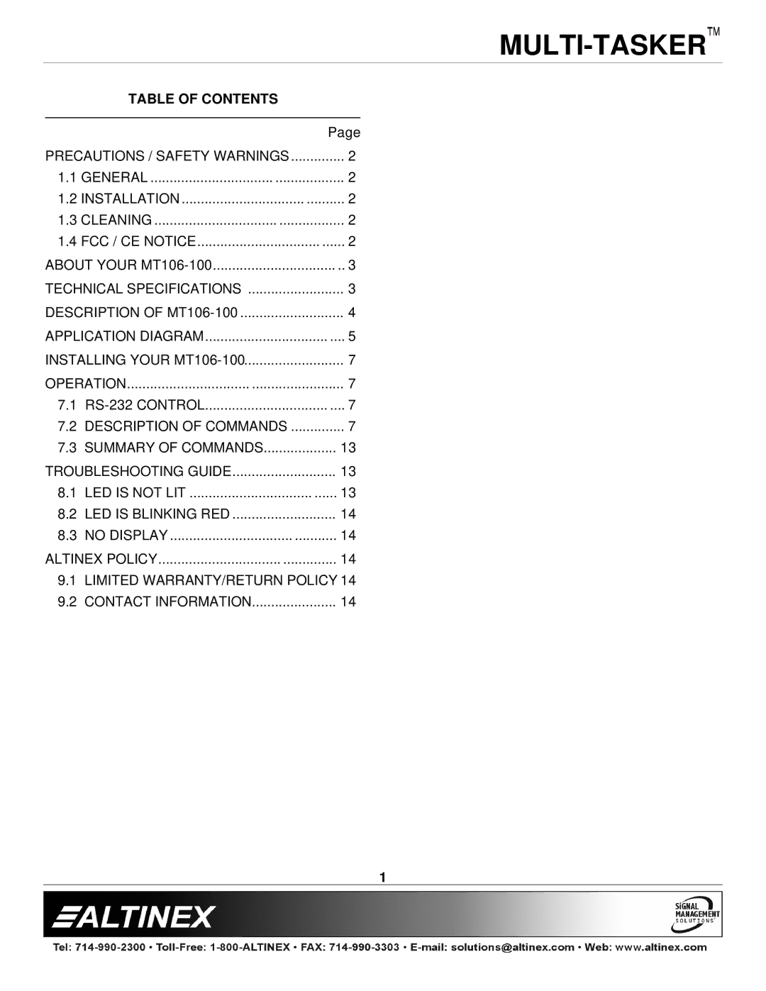 Altinex MT106-100 manual Table of Contents 