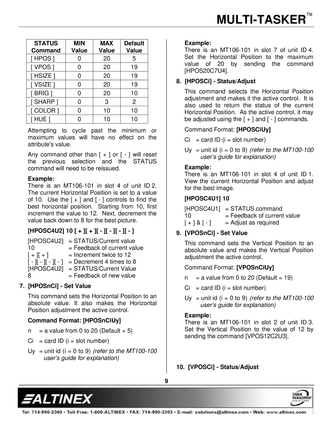 Altinex MT106-101 manual Status MIN MAX 