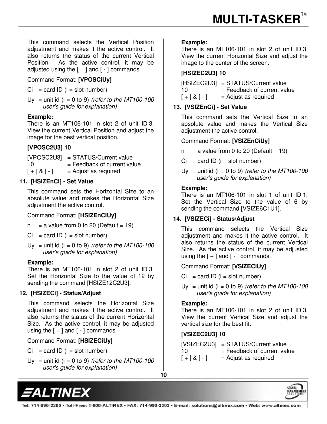 Altinex MT106-101 manual VPOSC2U3, HSIZEnCi Set Value, HSIZECi Status/Adjust, HSIZEC2U3, VSIZEnCi Set Value, VSIZEC2U3 