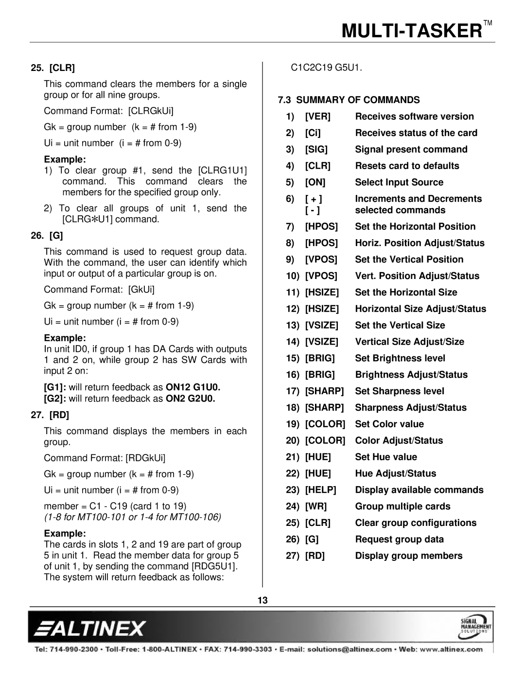 Altinex MT106-101 manual Summary of Commands VER, Sig, Clr, Hpos, Vpos, Hsize, Vsize, Brig, Sharp, Color, Hue, Help 