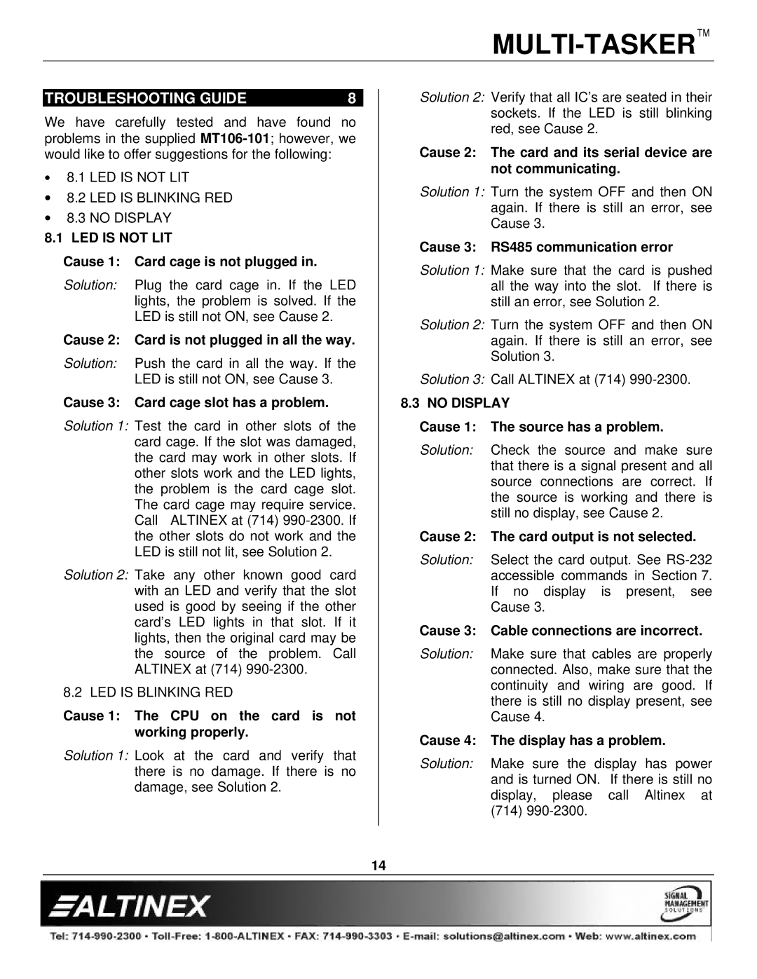 Altinex MT106-101 manual Troubleshooting Guide, LED is not LIT, No Display 