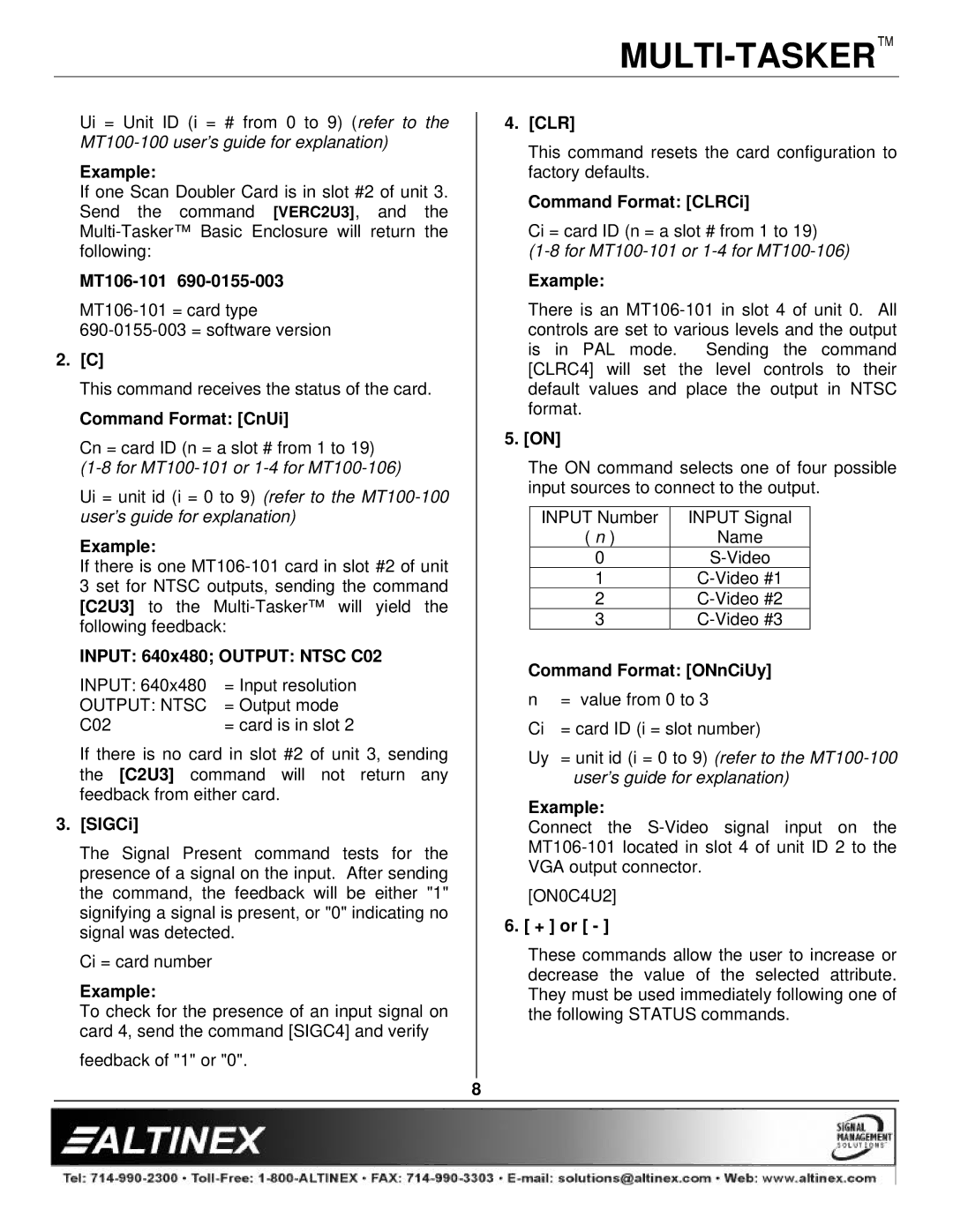 Altinex MT106-101 manual Command Format CnUi, Input 640x480 Output Ntsc C02, SIGCi, Clr, Command Format CLRCi, + or 