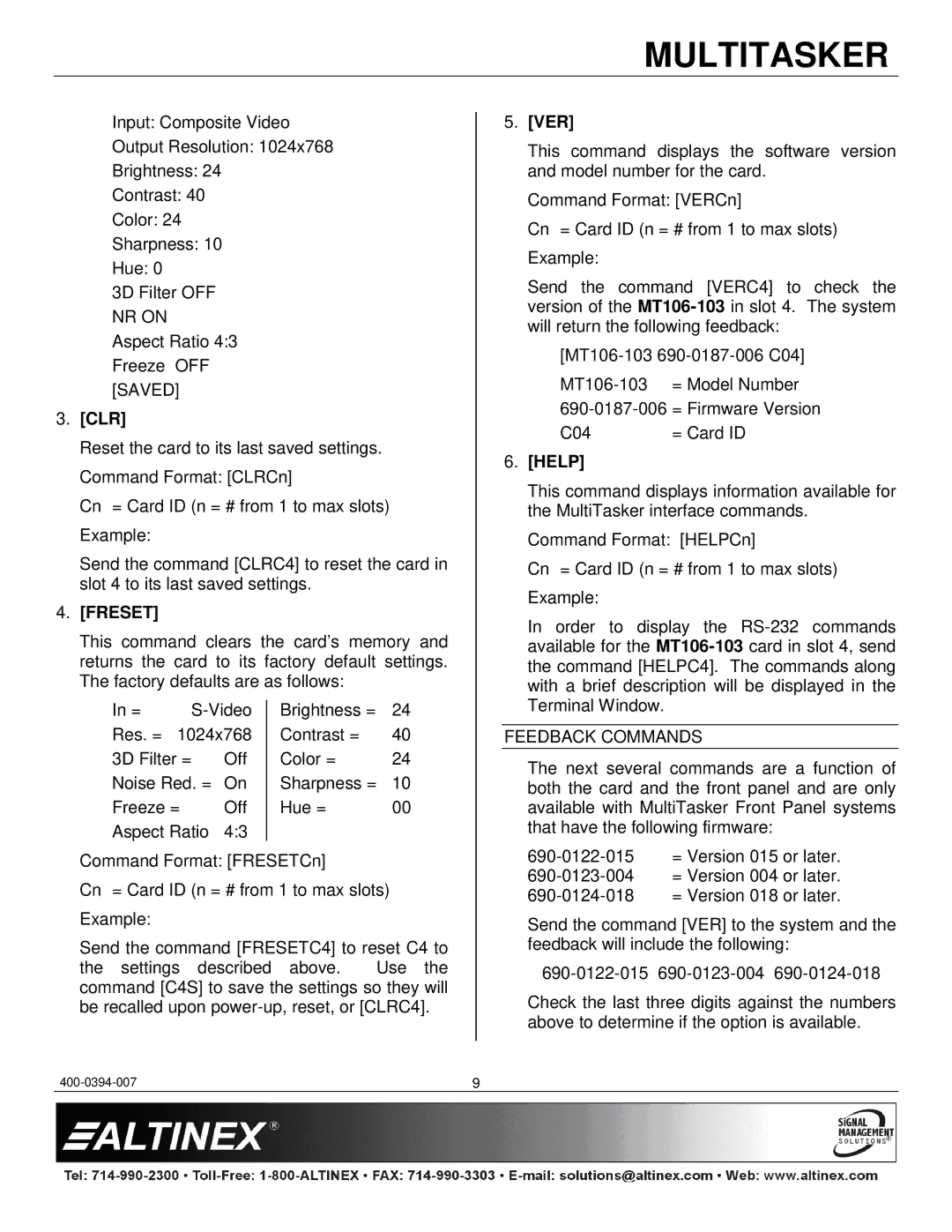 Altinex MT106-103 manual Clr, Freset, Ver, Help, Feedback Commands 